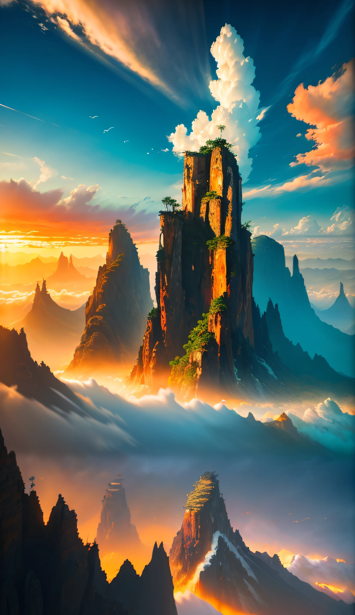 ((masterpiece)), (((best quality))), ((ultra-detailed)),  (Amazing:1.1), beautiful, nature, sky and ground, heavy wind, windsweeped, line cloud,Light shoot from the cloud, in a  lush remote folige jungle with jungle wildlife and fauna, award winning photo, BLN-L24, Exposure,High Contrast,Low Saturation,High Saturation 8k 3D, F 2.8 lens, Aerial View, Cinematic lighting
