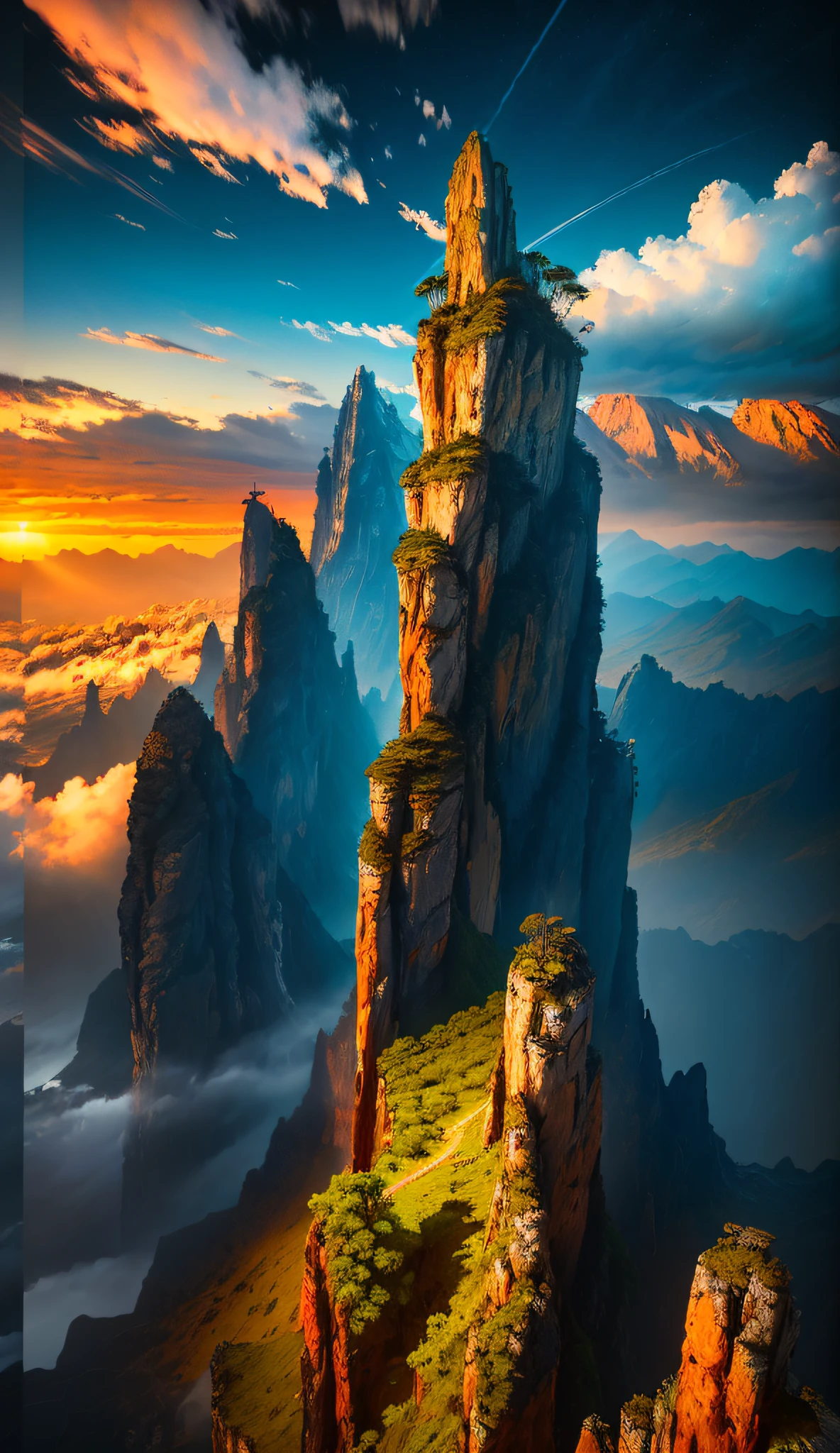 ((masterpiece)), (((best quality))), ((ultra-detailed)), (Amazing:1.1), beautiful, nature, sky and ground, heavy wind, windsweeped, line cloud,Light shoot from the cloud, in a lush remote folige jungle with jungle wildlife and fauna, award winning photo, BLN-L24, Exposure,High Contrast,Low Saturation,High Saturation 8k 3D, F 2.8 lens, Aerial View, Cinematic lighting