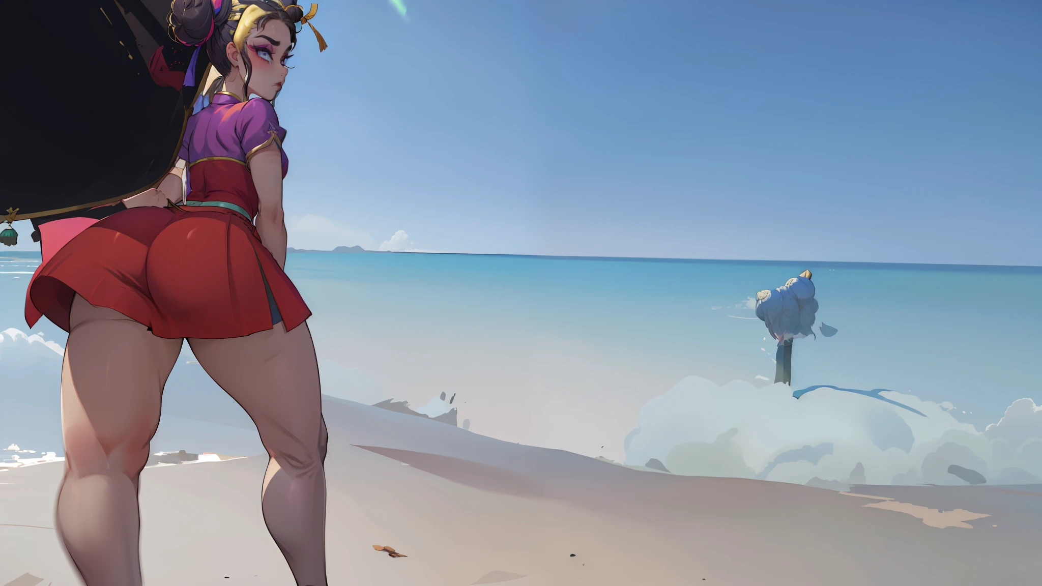 (masterpiece, best quality, high resolution), chunlims, hair bun, double bun, eyeshadow, makeup, chinese clothes, pelvic curtain, solo, dress, bracelet, ribbon, pants, blue pants, makeup, short sleeves, wide hips, thick thighs,