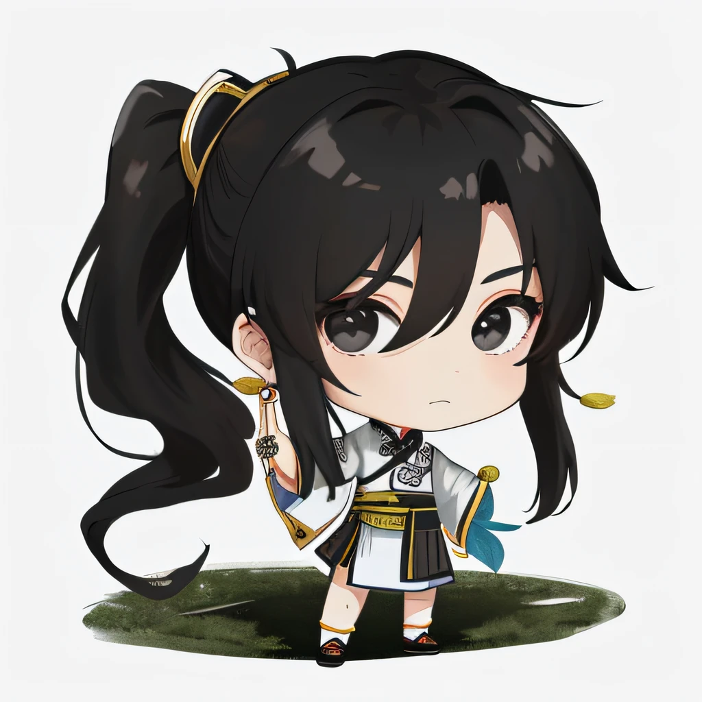 Best quality, masterpiece, high resolution, (a boy: 2), (chibi: 1.6), standing, sideways, (ancient Chinese clothes: 1.2), long black hair, ponytail, black eyes, white background, simple background