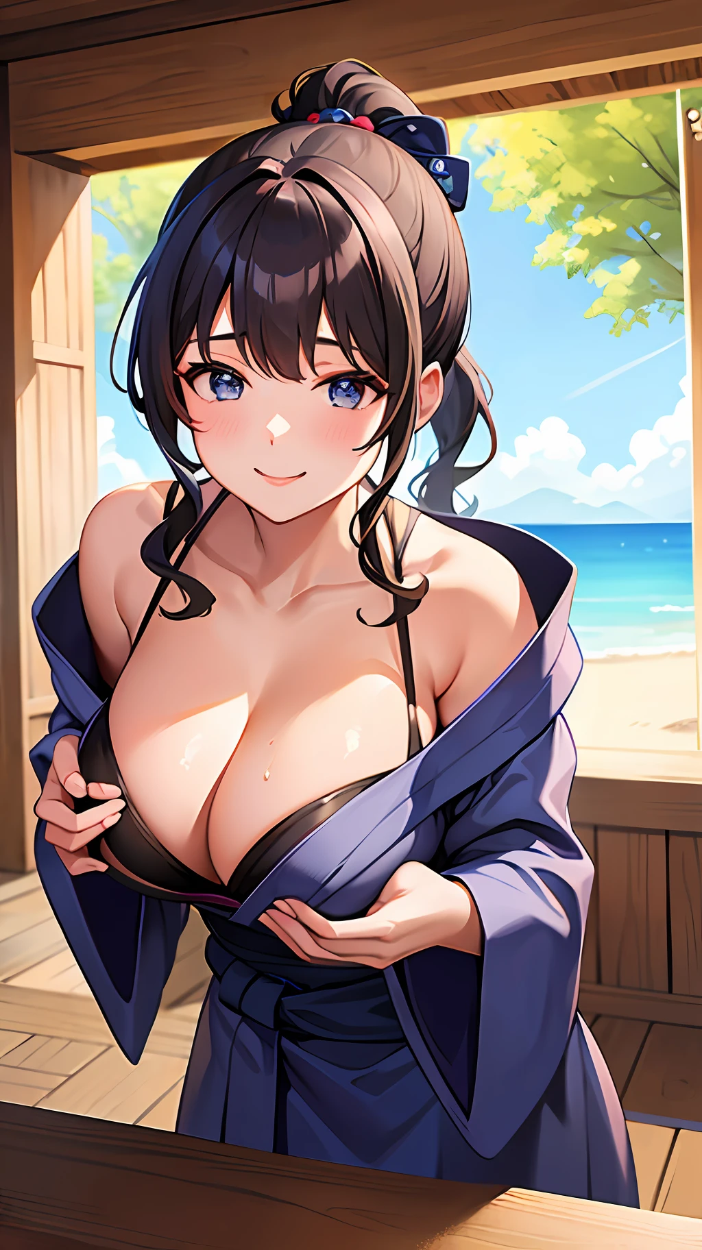 1girl, masterpiece, best quality, brown ponytail, blue yukata, (cleavage, shoulders) , smiling, pov