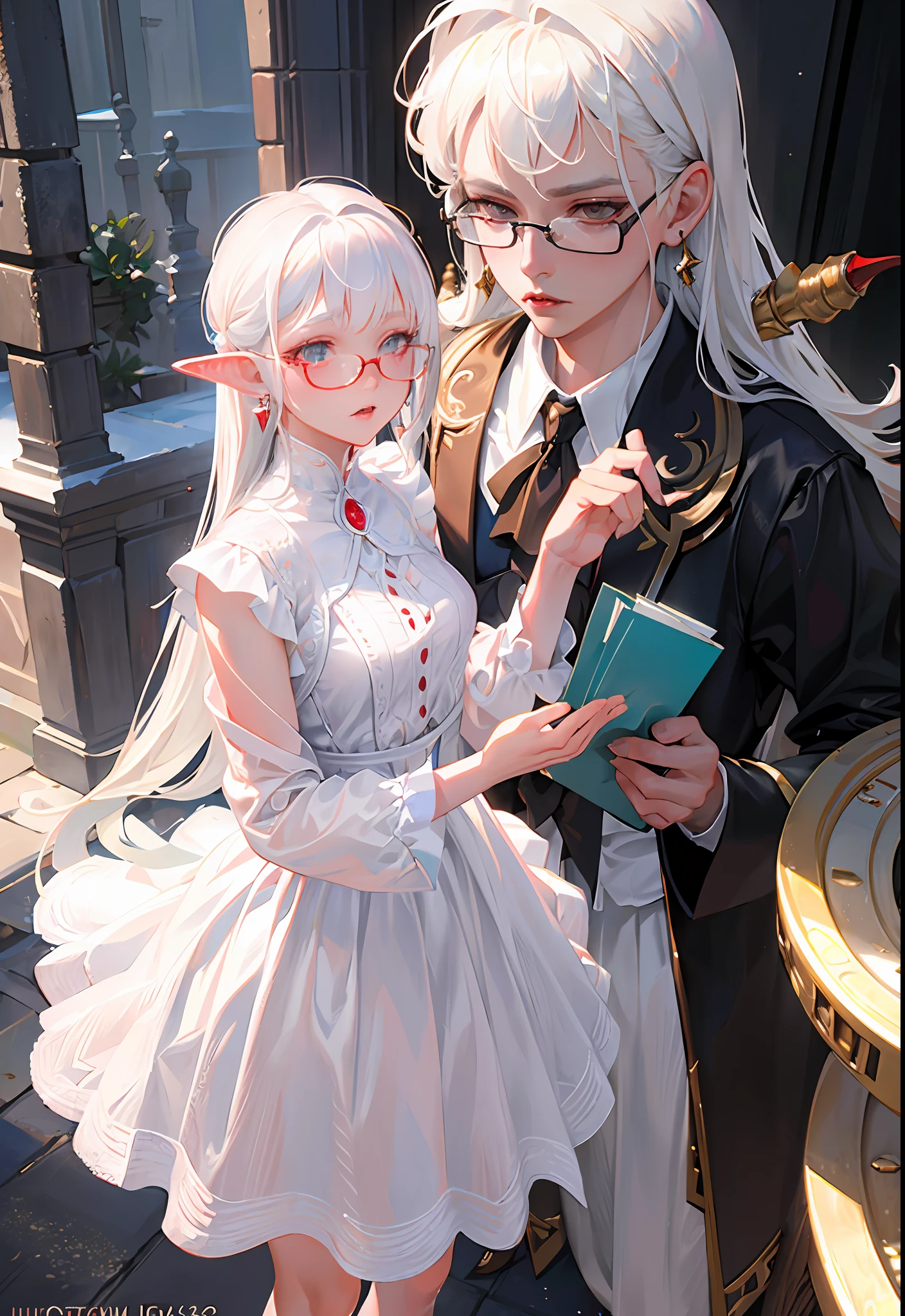 Best quality, masterpiece, ultra high res, (photorealistic:1.4), raw photo, 1girl, white hair, shiny skin, dramatic lighting, (fantasy), vampire, horn, earrings, white dress, glasses,