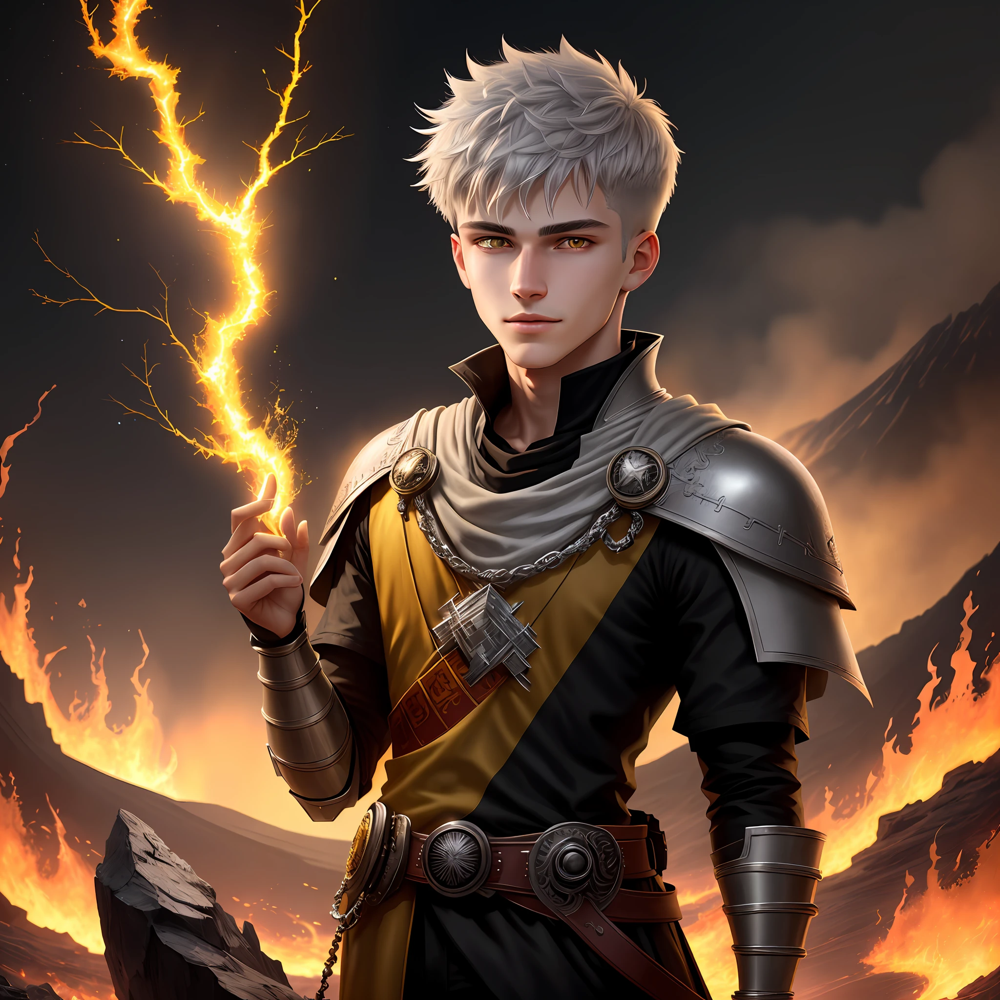 High detail, clarity, 8kk, young guy, 18 years old, light gray hair, short haircut, yellow eyes, smirk, crown of fire, lava everywhere, realism, fantasy,