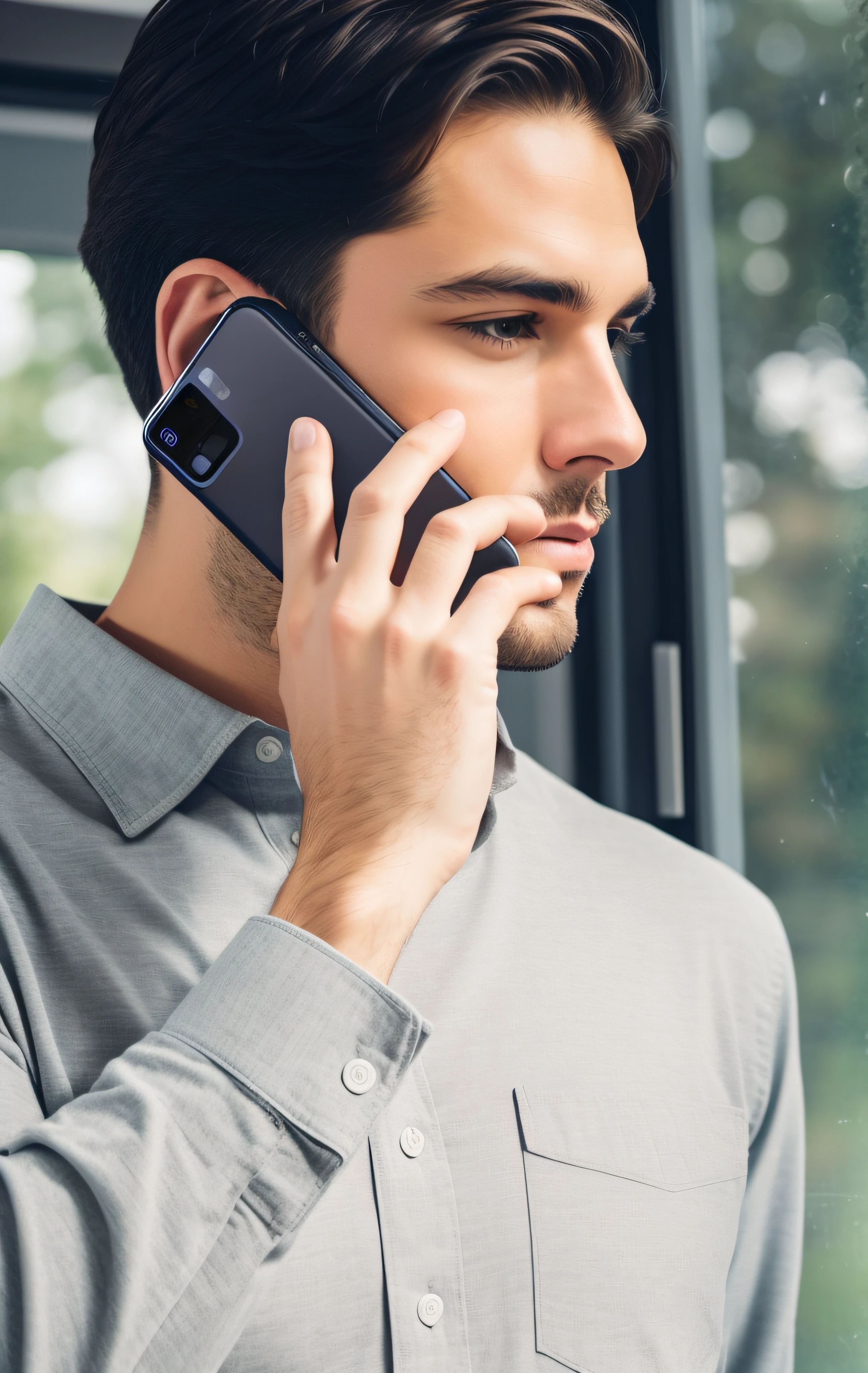 Arafeld man standing in front of window making calls, cell phone, smartphone in one hand, holding a very advanced phone, smooth details, amazing realism, I have been trying to make calls, phone in hand, smooth technology, matte finish, amazing details, smooth details, easy to understand, super realistic and complex, white background