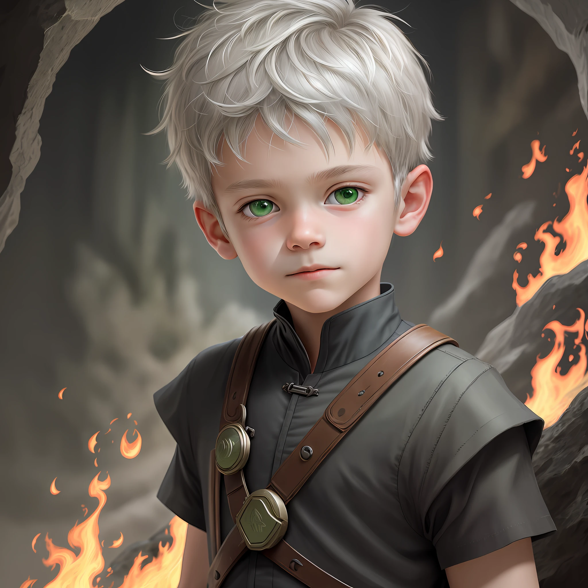 High detail, clarity, 8kk, boy, 10 yeat gray hair, short haircut, green eyes, fire everywhere, realism, fantasy,