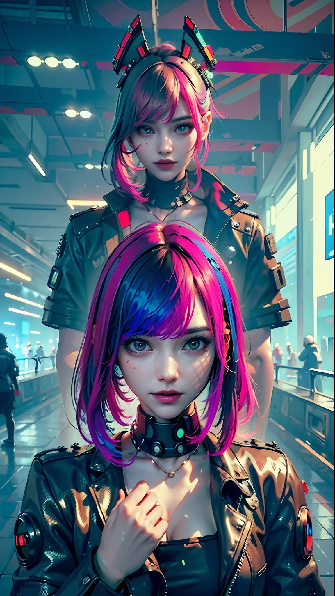 ((Best quality)), ((masterpiece)), (highly detailed:1.3), 3D, beautiful (cyberpunk:1.3) hacker woman with colored hair, black clothes looking at camera