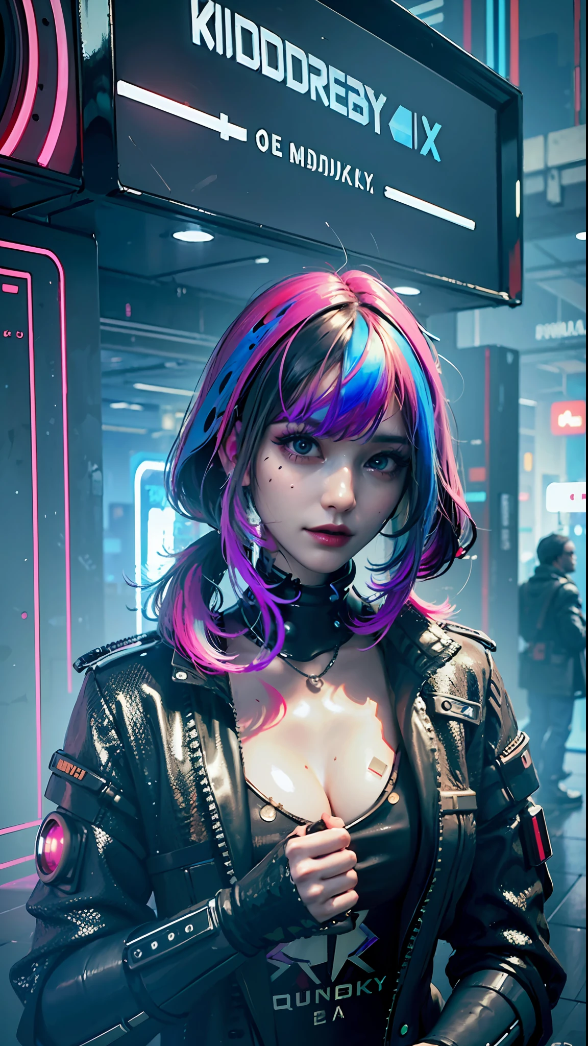 ((Best quality)), ((masterpiece)), (highly detailed:1.3), 3D, beautiful (cyberpunk:1.3) hacker woman with colored hair, black clothes looking at camera