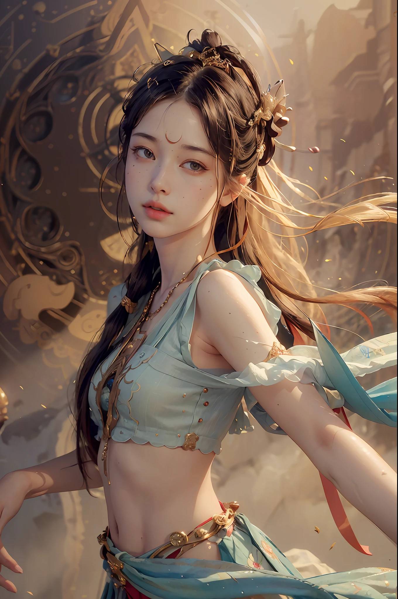 (RAW photo, best quality), (realistic, photo-realistic:1.3),best quality,highly detailed,masterpiece,ultra-detailed,illustration,1girl,upper_body,dynamic angle,world masterpiece theater,messy_long_hair,best quality,extremely detailed CG unity 8k wallpaper,ink,Amazing,cinematic lighting,lens_flare,,dunhuang_style