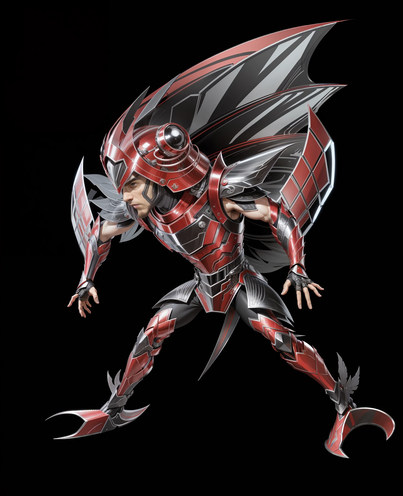 An ugly man in Ki color armor, red gorgeous armor, strong metallic luster texture, ugly, short, big-headed, weird, full-body, helmet, serious, light, black background, perfect fingers, Saint Seiya style