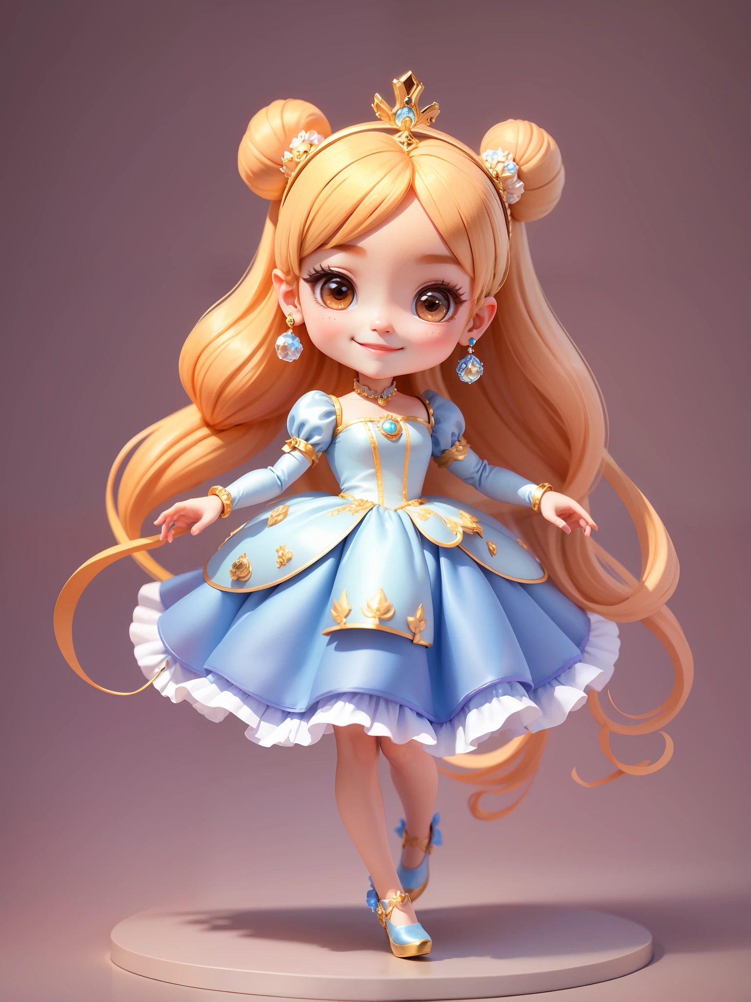 (Masterpiece), (Best Quality), (Super Detail), (Full Body: 1.2), 1 Girl, Chibi, Cute, Cinderella, Bun Hair, Tiara, Earrings, Smiling