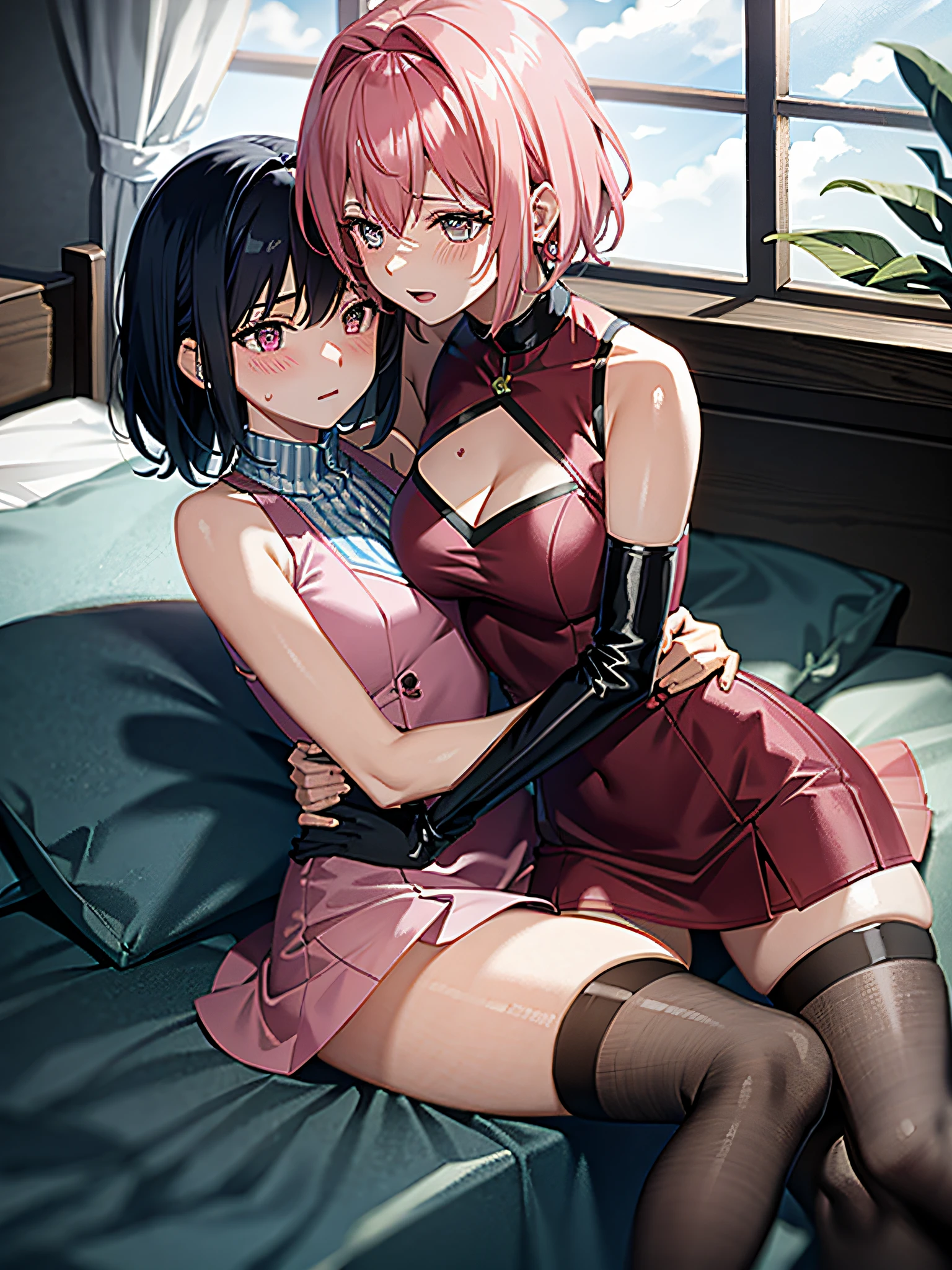 2 women, sitting on each other's lap, sexy sleeveless short dresses pink, pink pantyhouses, blushing, on a bed