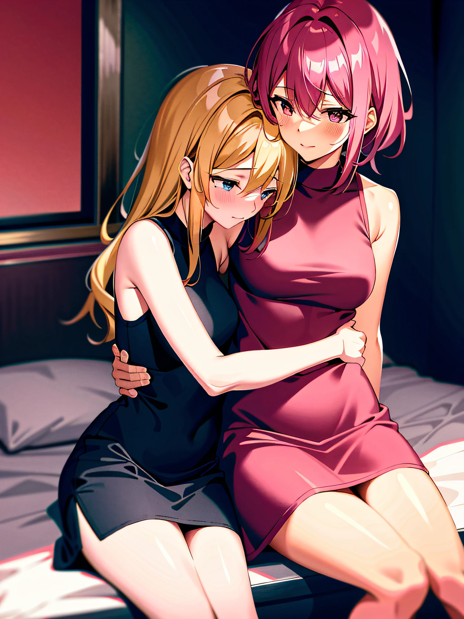 2 women, sitting on each other's lap, sexy sleeveless short dresses pink, pink pantyhouses, blushing, on a bed