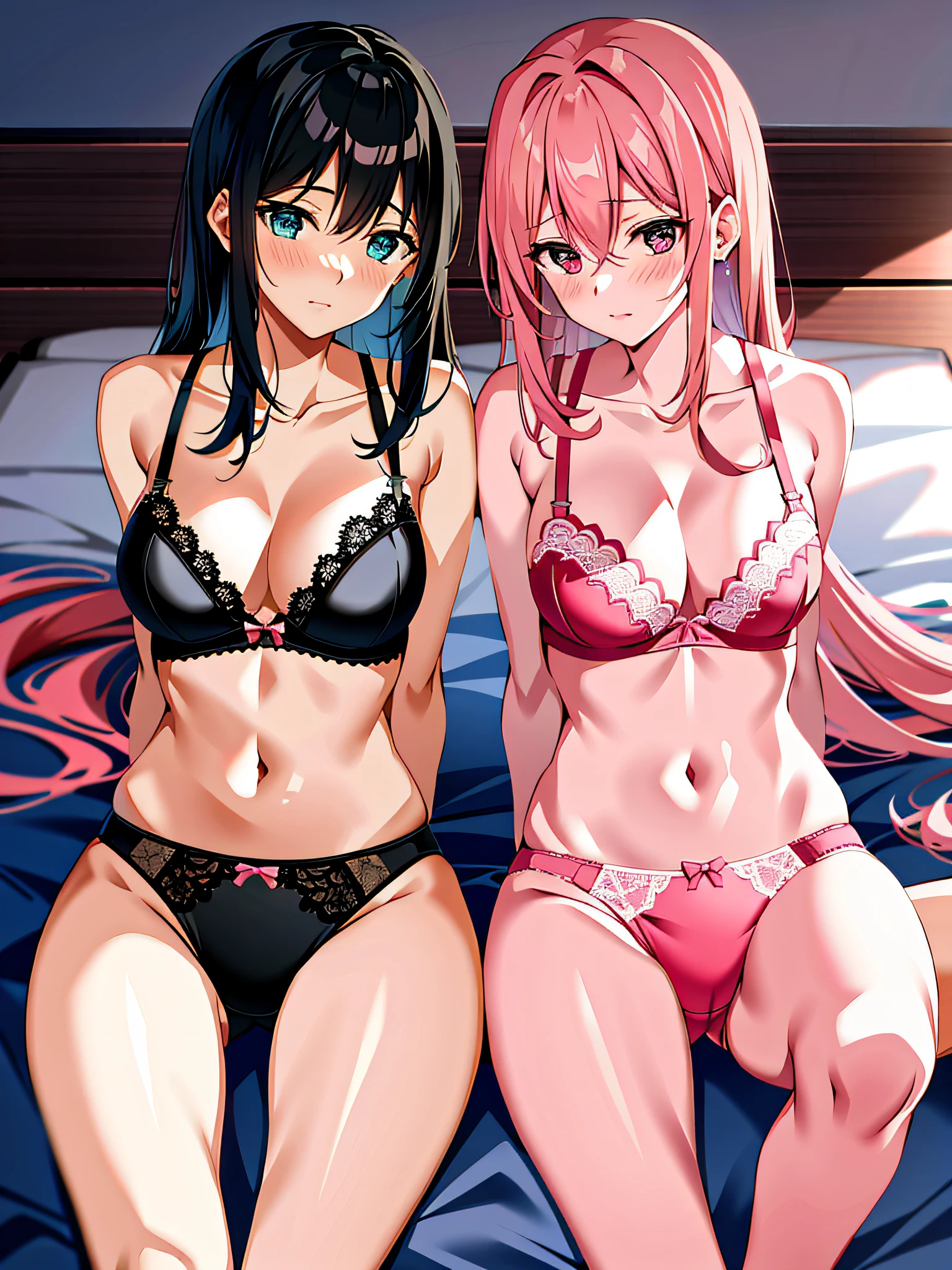 2 women, leaning their panties against each other, legs spread, pink panties, pink bras, on bed, blushing, on a bed