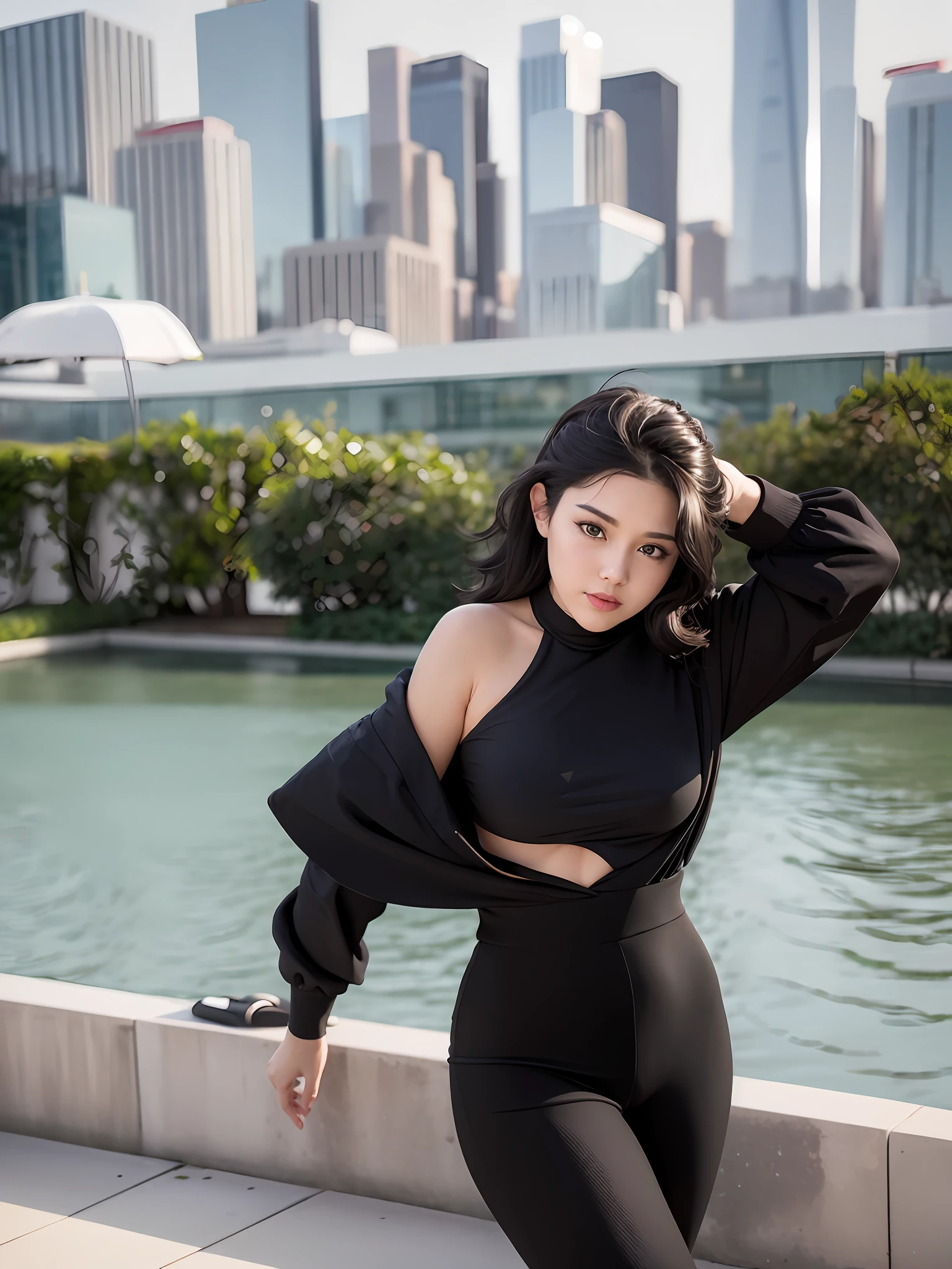 Random pose, mix4, (8k, RAW photo, best quality, masterpiece: 1.2), (realistic, photorealistic: 1.37), 1 girl, cute, cityscape, night, rain, wet, professional lighting, photon mapping, radiocity, physically based rendering, black hair gradient, white hair, short curly hair, beautiful, girl, white ball suit, top quality image, high resolution, 1080p, (clean face), (detailed face description), (detailed hand description), (masterpiece), (exquisite computer graphics), extreme light and shadow, dirty hair, craftsman's work, rich details, (beautiful facial features), (highest quality image), (masterpiece), (detailed eyes), look forward to your eyes, thin collarbone