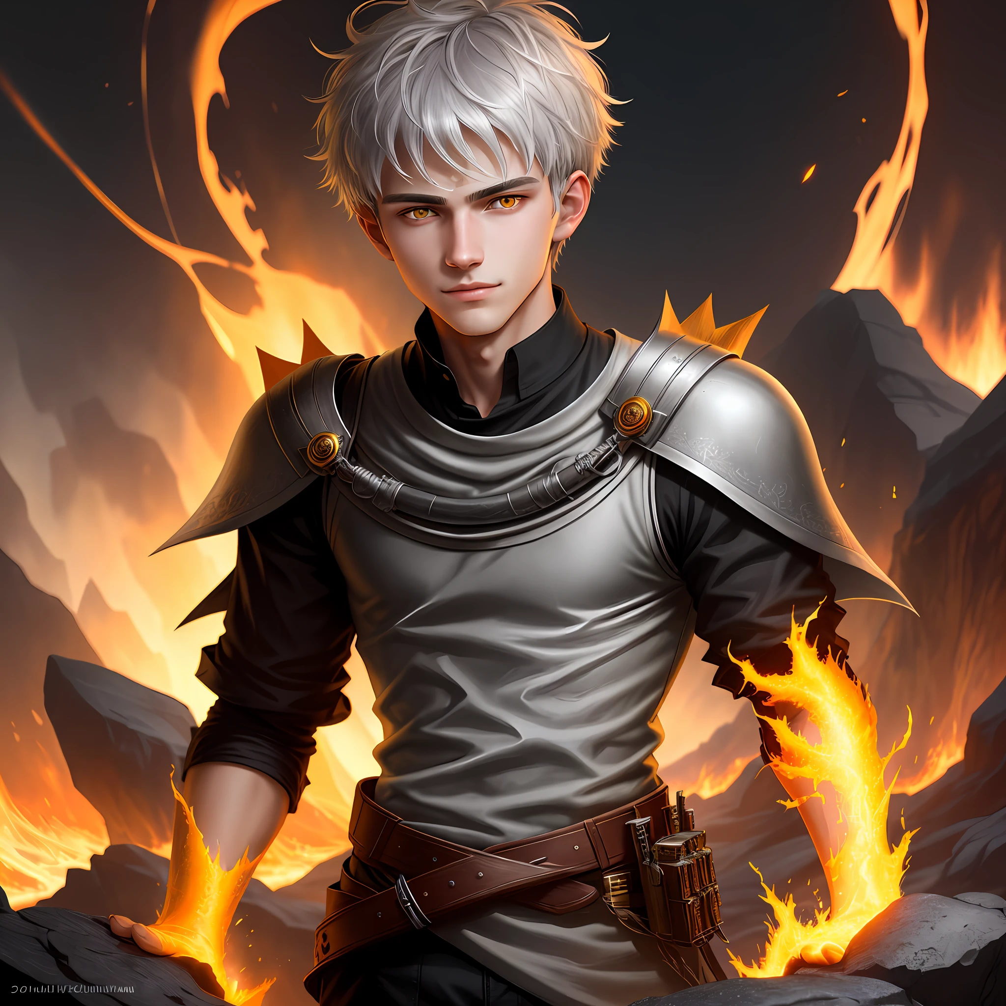 High detail, clarity, 8kk, young guy, 18 years old, light gray hair, short haircut, yellow eyes, smirk, crown of fire, lava everywhere, realism, fantasy,