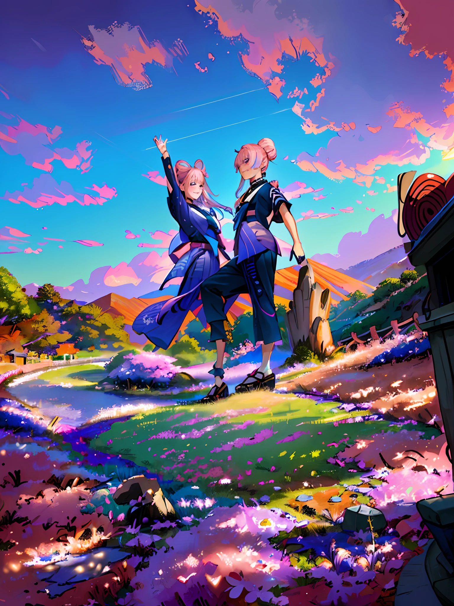 (((masterpiece))),(((best quality))), ((ultra-detailed)), (best illustration), 1girl, solo, blush, smug, smile, purple eyes, choker, gradient eyes, none Pupils, multicolored_hair, pink hair, blue hair, long hair,sangonomiya kokomi, ((kimono)), outdoors, sakura trees, sakura, facing to viewer, front view