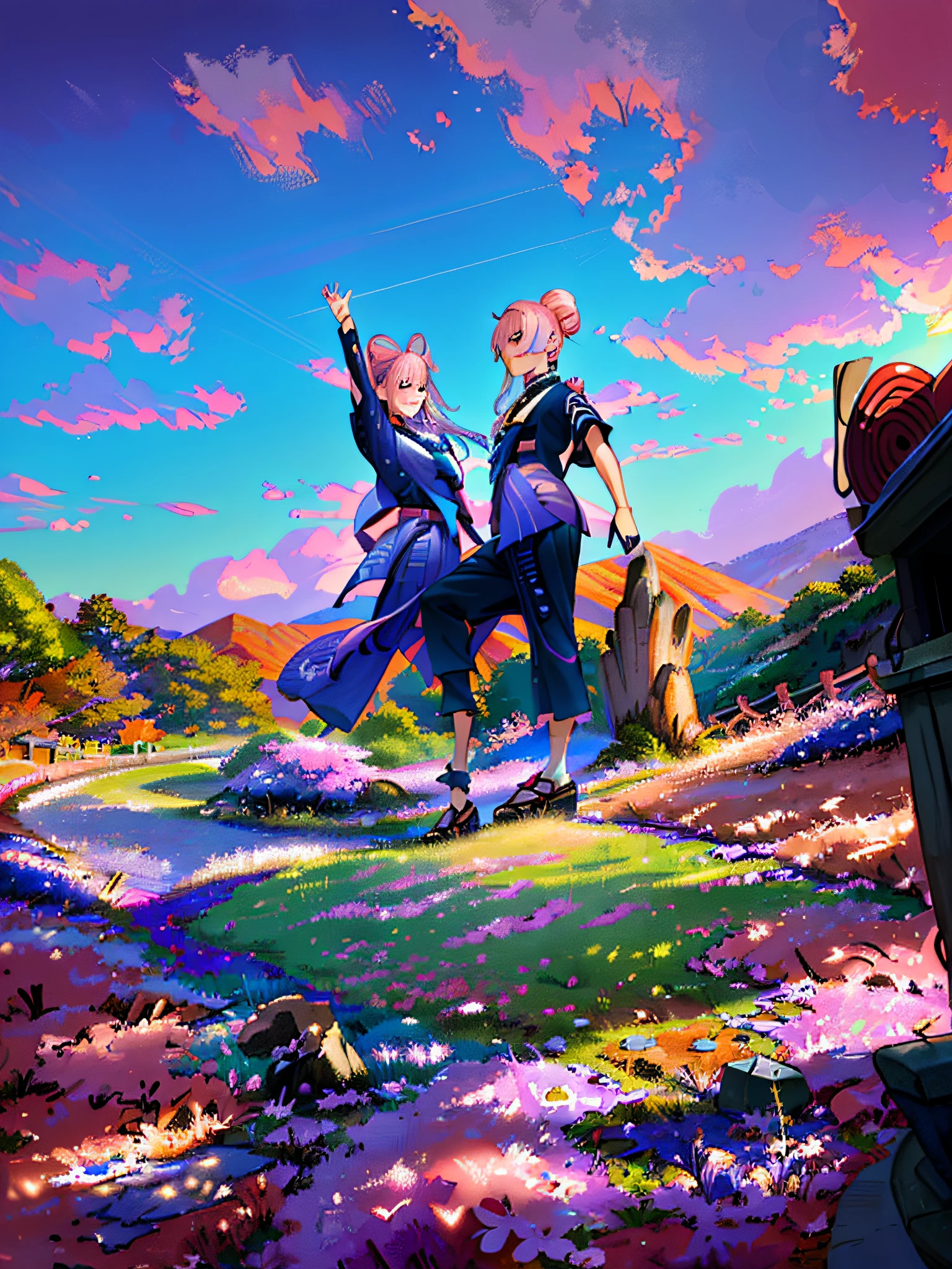 (((masterpiece))),(((best quality))), ((ultra-detailed)), (best illustration), 1girl, solo, blush, smug, smile, purple eyes, choker, gradient eyes, none Pupils, multicolored_hair, pink hair, blue hair, long hair,sangonomiya kokomi, ((kimono)), outdoors, sakura trees, sakura, facing to viewer, front view