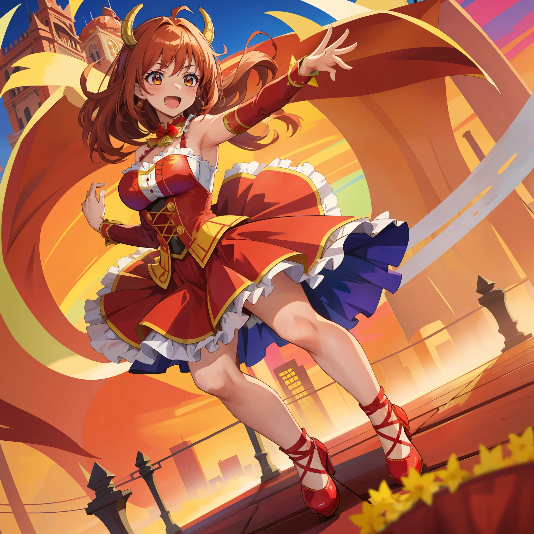 ((Anime Style)), female character, Spanish representation, bullfighting dress, flamenco dancer pose, castanets, fan, red and yellow colors, Madrid skyline backdrop.