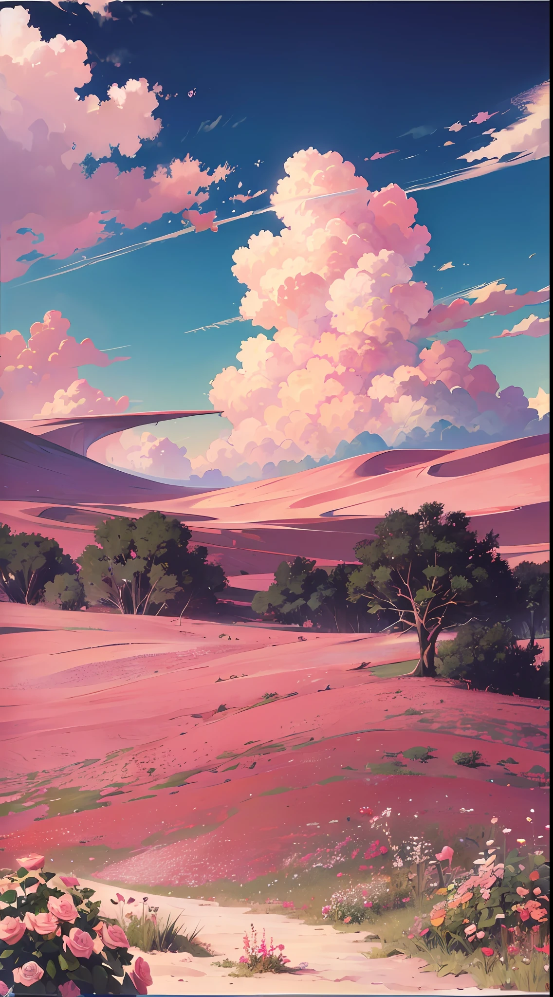 Summer, desert, pink clouds, a land overgrown with roses, James Gurney, art station rendering, ultra-wide lens, high definition
