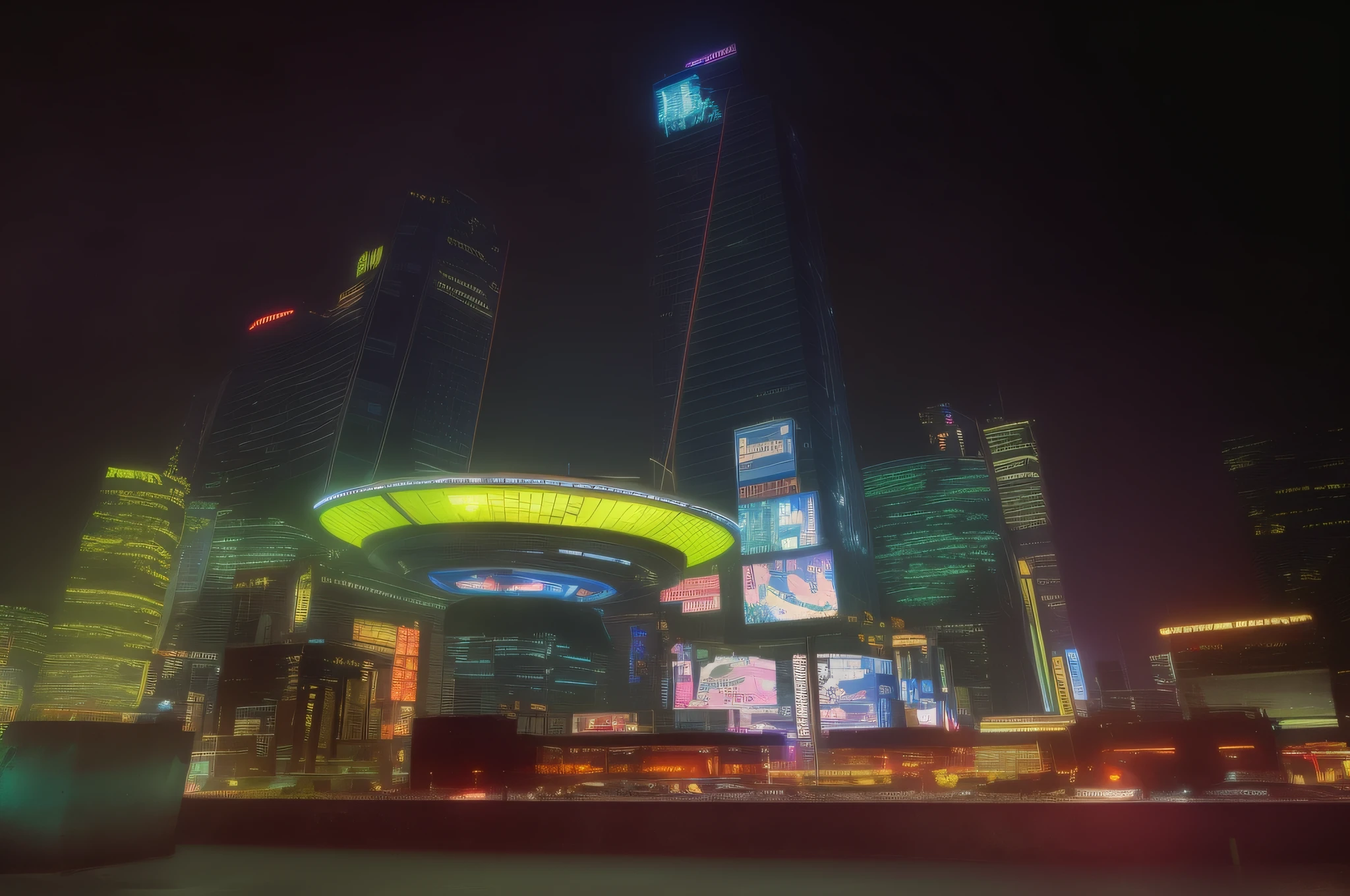 Cyberpunk and UFO are in the middle of the two buildings