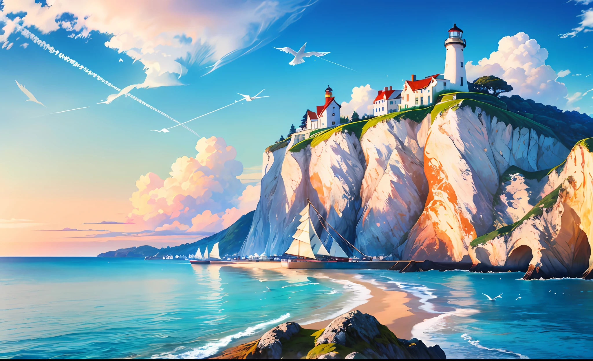 (masterpiece, best quality:1.1), wide angle, from below, (white cliff), mountain, blue ocean, low tide, sea waves, rocky beach, contrail, seagulls, horizon, breeze, summer, morning, sunny, cloud, calm, fresh air, sailboats, lighthouse, depth of field