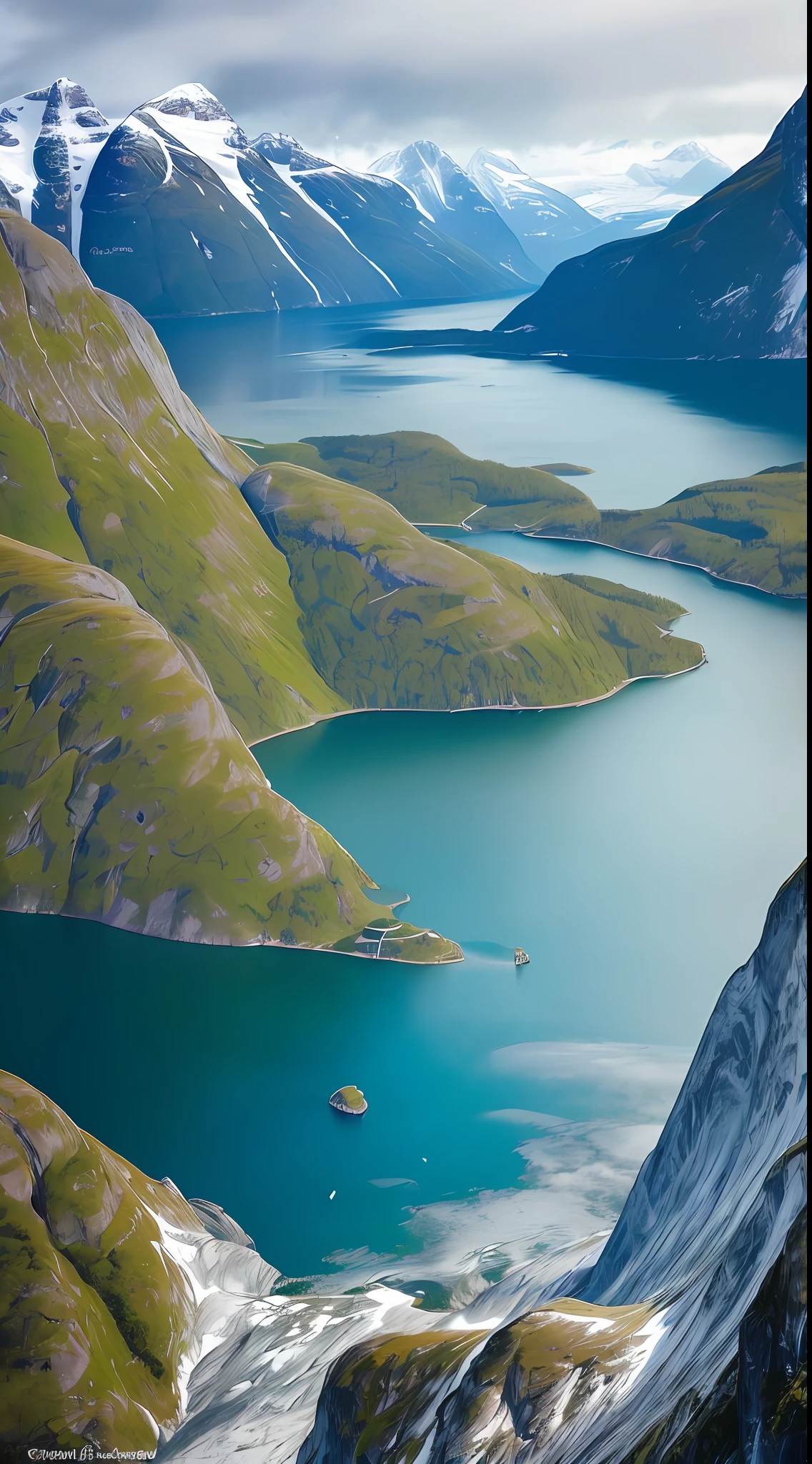 An awesome masterpiece that showcases the magnificent beauty of the Norwegian fjords. With ultra-fine realism, crystal-clear clarity and stunning lighting, this artwork captures the essence of the fjord's stunning landscape. Dynamic angles present sweeping views of the stunning scenery, while the dynamic poses of the main themes, both people and buildings, highlight the scale and grandeur of the fjord's incredible vistas. With snow-capped mountains towering in the background, the tranquil water reflecting the majesty of the entire environment, and the hazy atmosphere adding a touch of mystery, this artwork is an absolute triumph of artistic achievement, high quality, UHD, 16k, highres