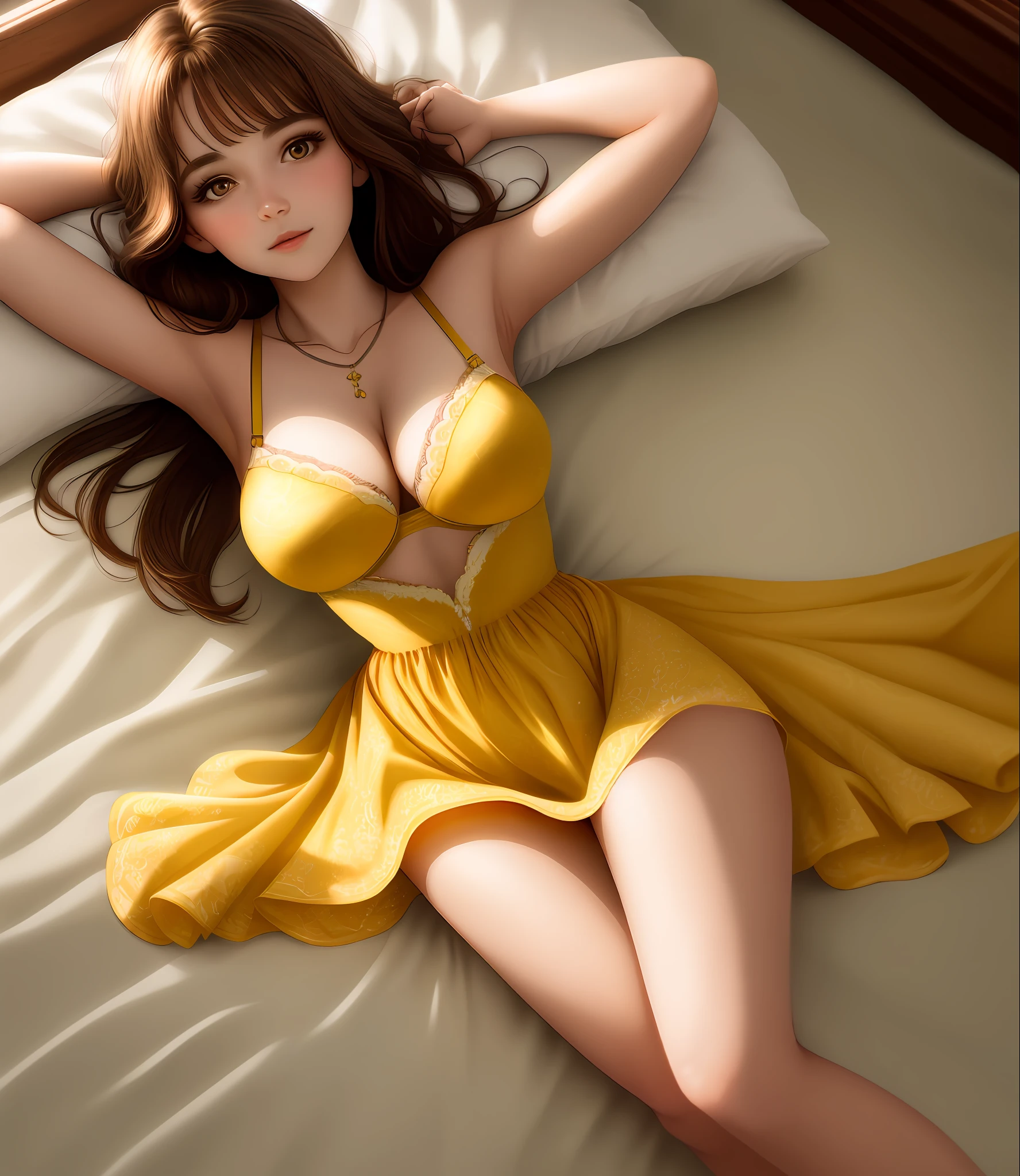 hight quality(masterprice) 1 the bed, sexy dr, brown hair, necklace, jewely,4k ,8k, uhd, hot sexy girl,ll body,beautiful face, beautiful eye, sunlight,((bra and pinty))yellow color sexy dress