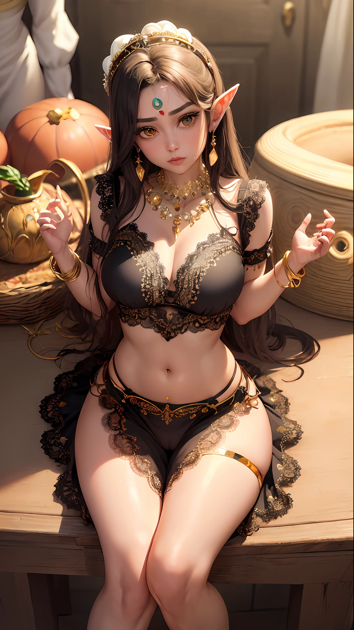 realistic, photorealistic, (((detailed cameltoe))), (masterpiece:1.5), best quality, highres, (hyperrealistic:1.1), 4k, 8k, navel, (belly fat), (pubic hair), puffy, puffy, (areolae), ((glossy skin)), (subsurface scattering), petite woman, (skindentation:1.3), slender body, light fair skin, (shiny skin:1.2), (perfect face:1.6), (beautiful face:1.5), (big eyes:1.3), yellow eyes, perfect eyes, eyelashes, lips, chin length pinned-up Light Brown hair, flat chest, (narrow waist:1.3), gigantic ass, wide hips, (elf ears), divinity, goddess, deity, divine queen, princess, royal, (((beautiful lace trim clothes))), (rich, prestige, luxury, jewelry, diamond, gold, pearl, gem, sapphire, ruby, emerald), (skirt), (panty), upskirt, hair ornament, necklace, earrings, bracelet, armlet, A place full of my ancestral past and several vessels with trapped souls, Sitting down with legs crossed,v-shaped eyebrows