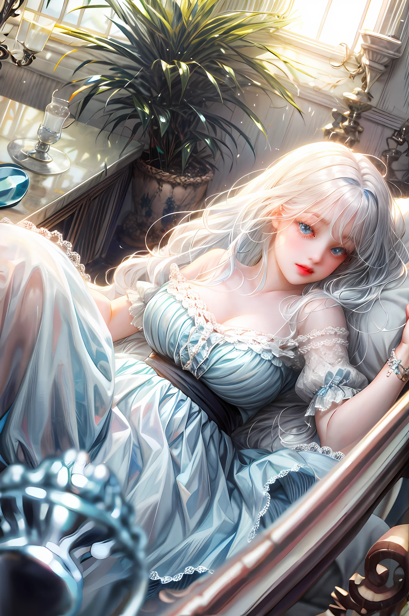 Chubby doll white hair with fringe and blue eyes lying in a clear glass jar