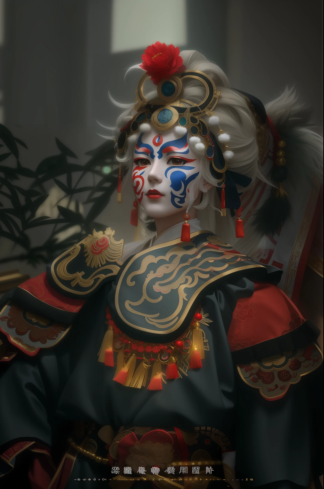 Flat CG, The face is painted with red and blue idols of gods, Peking Opera, Chinese deities, Chinese clothing, Exquisite clothing, Chinese heritage, Portrait shots, East face, CNY, Gorgeous masks and ornate fabrics, A dancer symbolizing the gods, Chinese mythology, bright spot, Chinese fantasy, angry, projected inset, close-up, Ghibli-like colours, anime style, cinematic lighting, Contemporary art, backlighting, masterpiece, highres