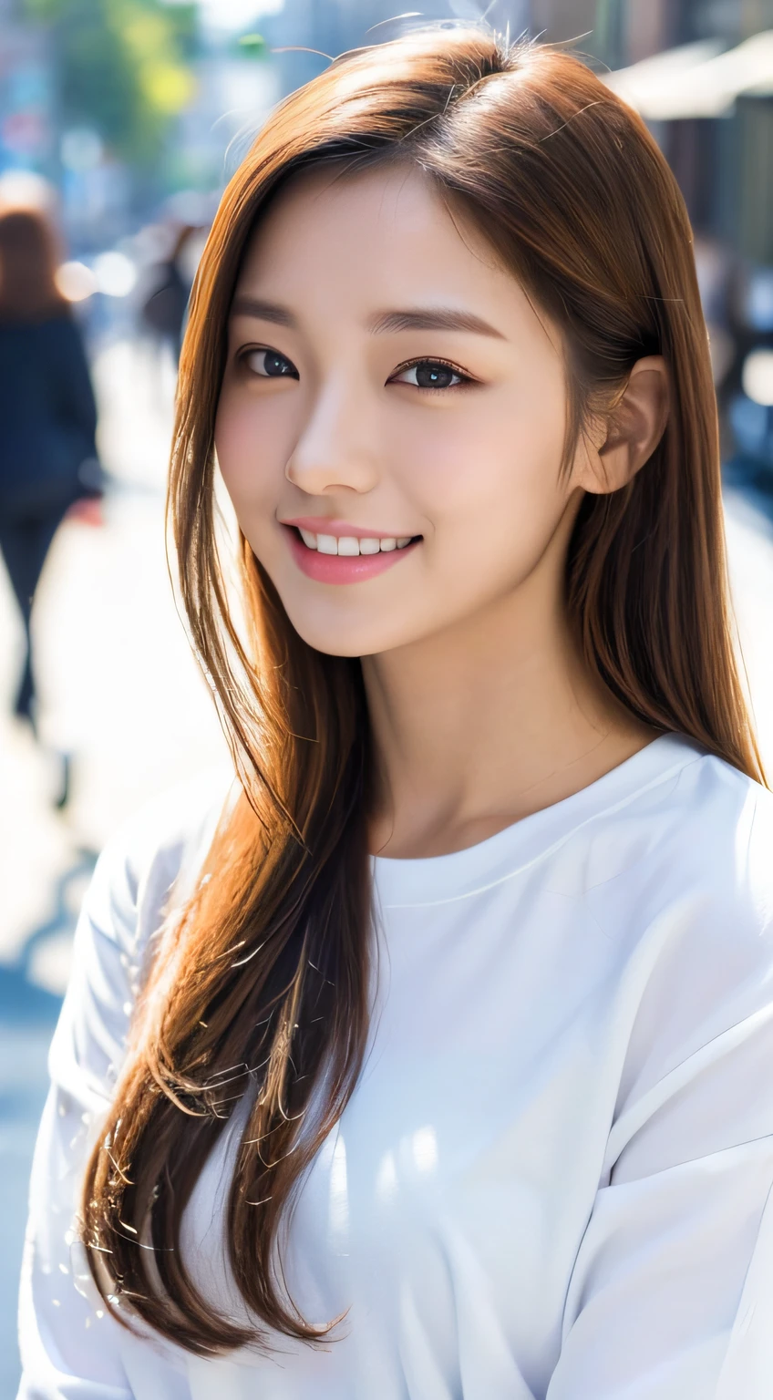 RAW photos, camera gaze, ((top quality, 8k, masterpiece: 1.3)), sharp focus: 1.2, white shirt, pretty features, best smile, cute smile, beautiful woman in perfect style: 1.4, slender abs: 1.2, dark brown hair, (natural light, city street: 1.1), highly detailed face and skin texture, detailed eyes, double eyelids