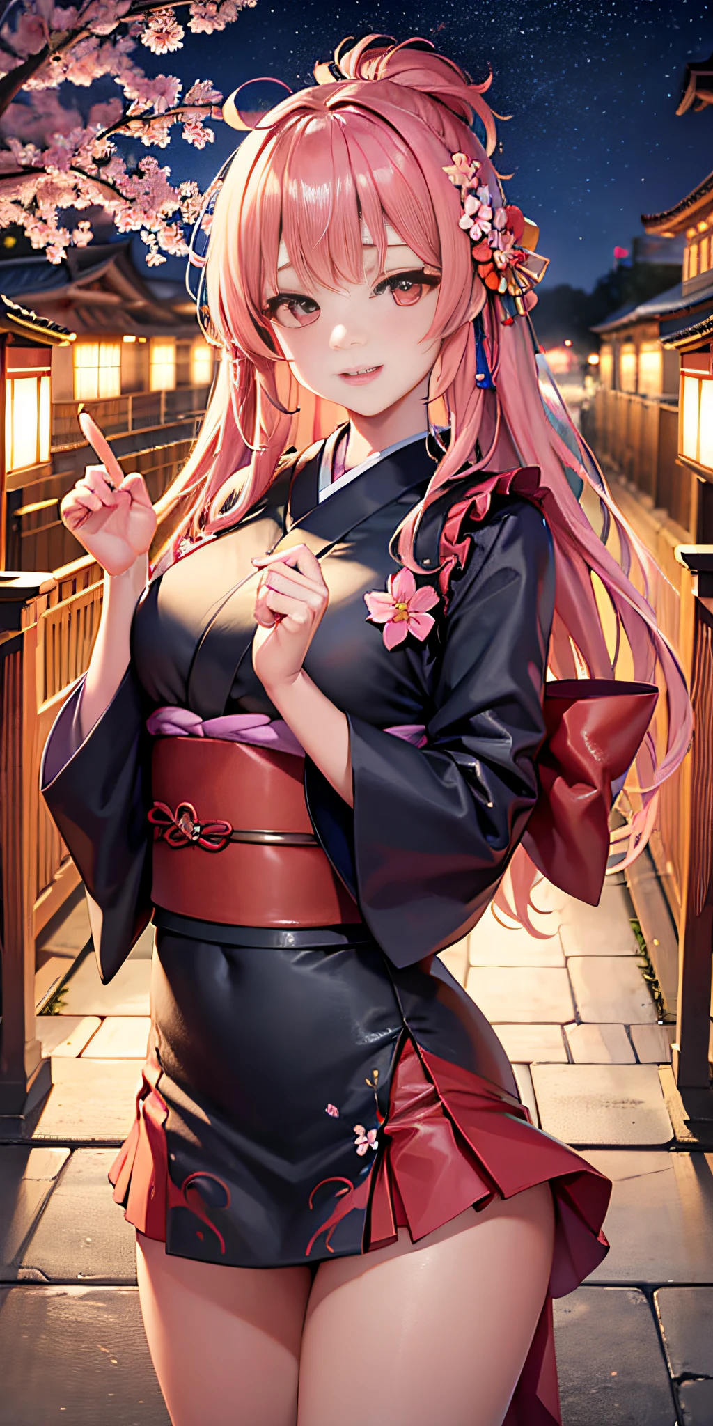 Super Detail 8K CG, Kimono, Perfect Face, Beautiful Face,, Big, Outdoor, Sakura, Temple, Viewer, Beautiful Night View, Beautiful Thighs