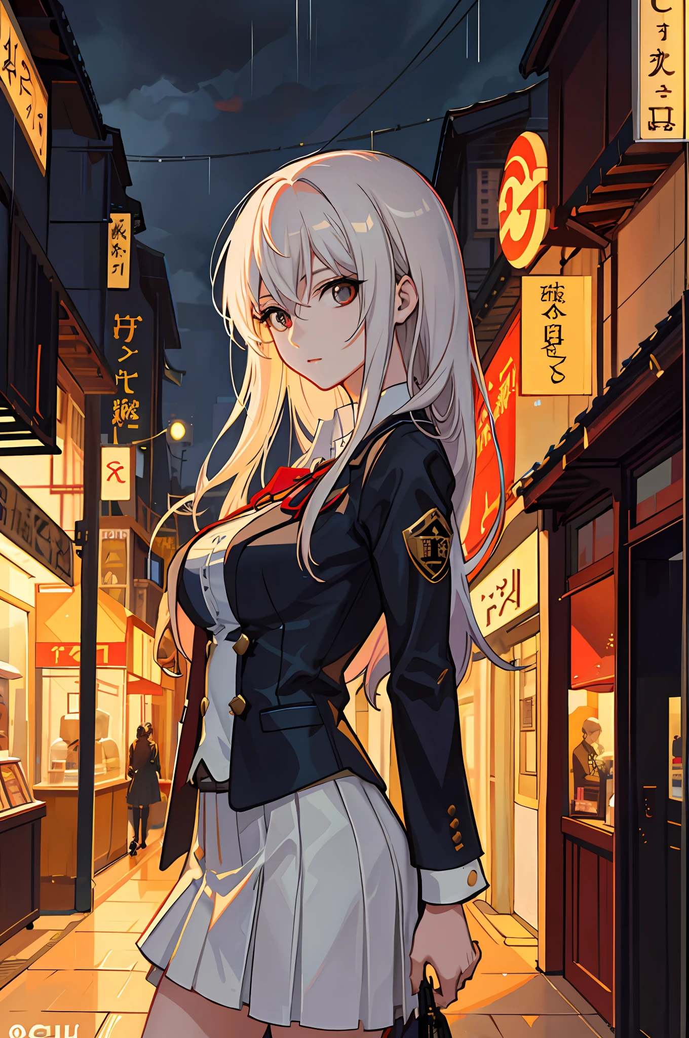 raining night,city,A beautiful woman in wearing school uniform on the bustling streets of Gintama, surrounded by vendors, beautiful portrait of a stunning goddess girl, beautiful detailed face, porcelain skin, half body shot, centered, ultra soft lighting, symmetry, intricate, elegant, highly detailed, photorealistic, artstation, concept art, smooth, as imagined by greg rutkowski and borris vallejo, cover, vogue style