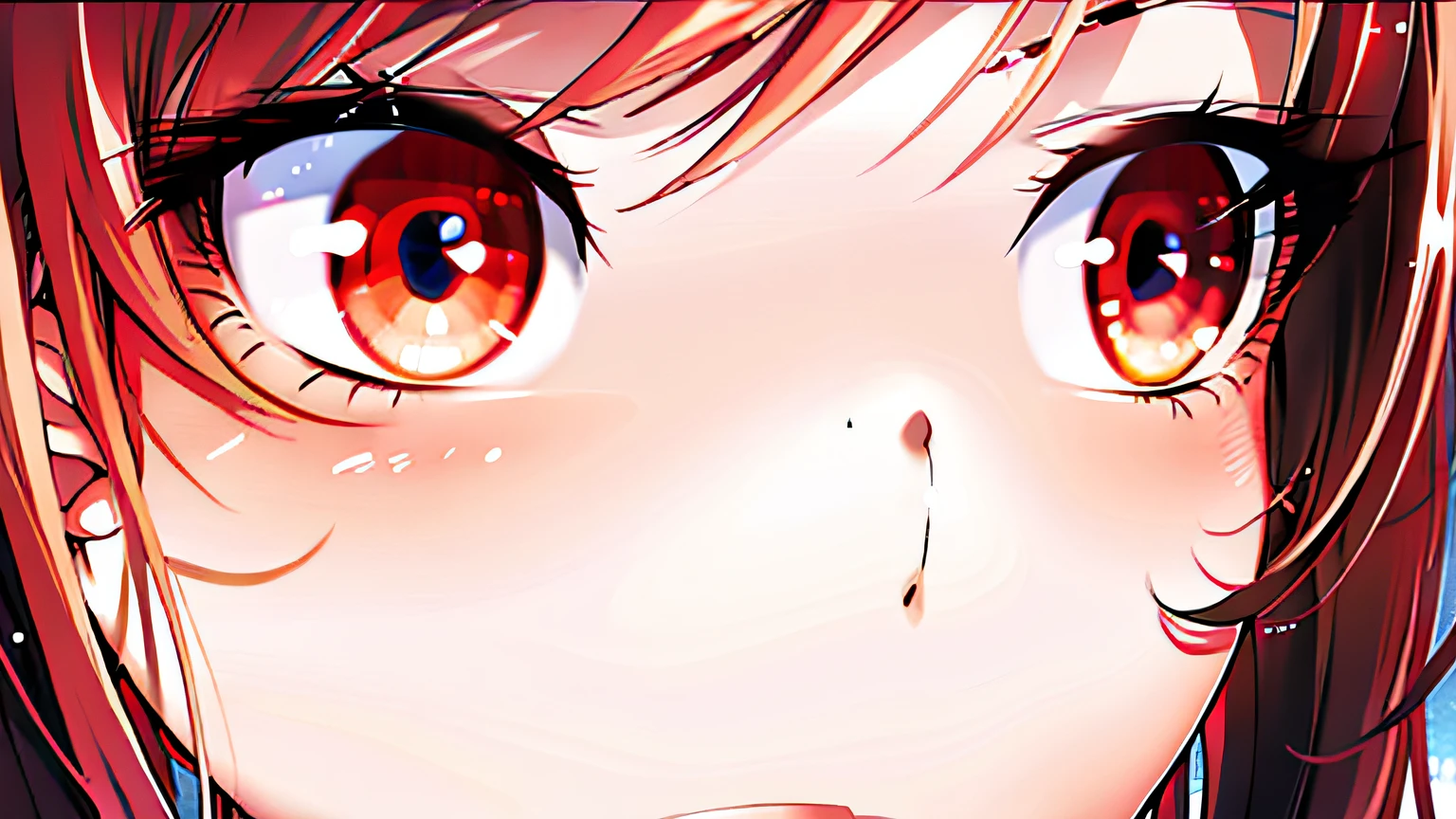 anime girl with red eyes staring at camera with long hair, luminous red eyes, red eyes glowing, glowing red eyes, his eyes glowing red, huge anime eyes, intense watery glowing red eyes, close up iwakura lain, with glowing red eyes, bright red eyes, fully red eyes no pupils, large red eyes!!!, fully red eyes