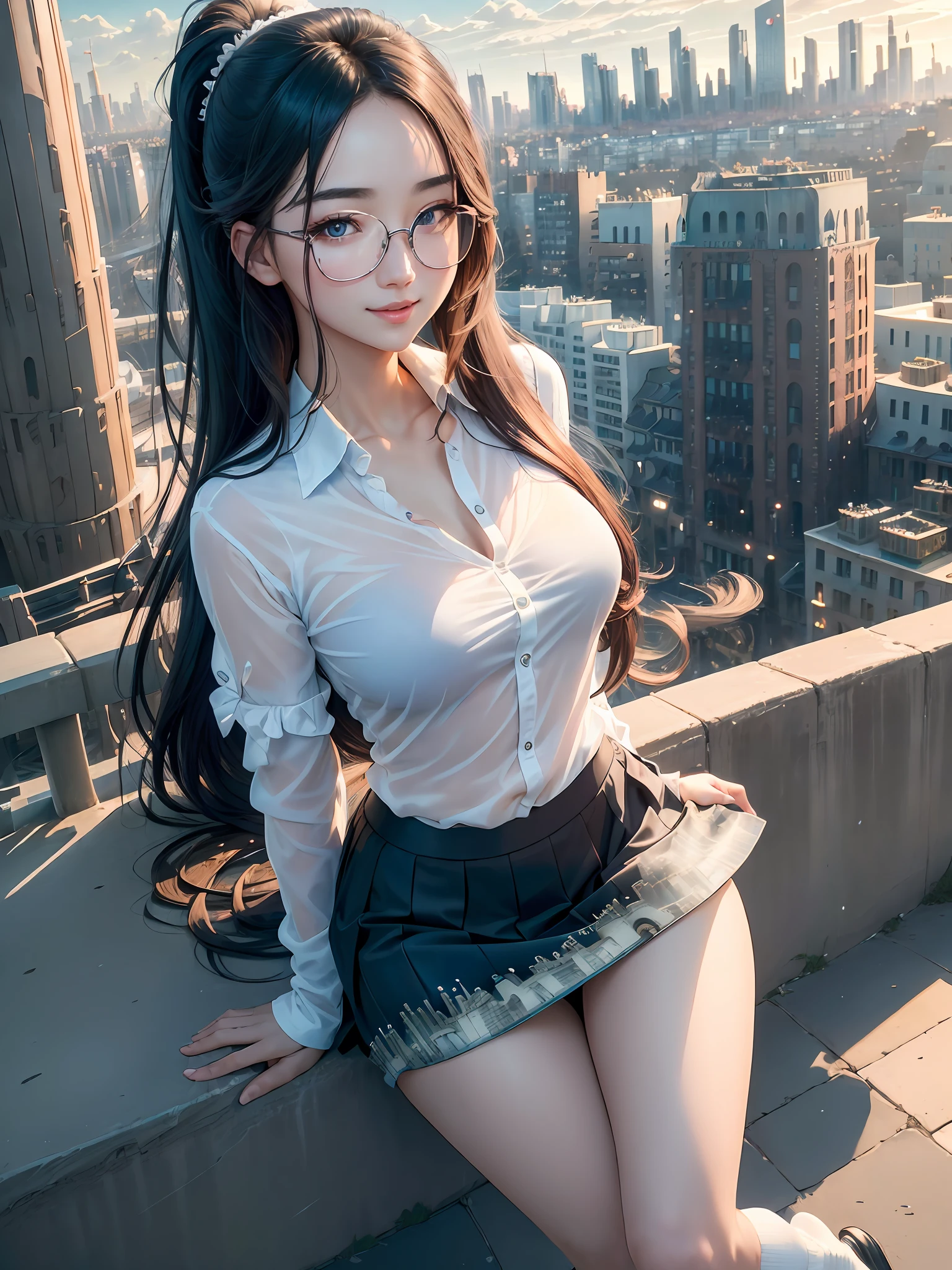 official art, masterpiece, sharp focus, (beautiful gorgeous cute Korean woman:1.3), (beautiful cute korean:1.3), korean beauty, Delicate and beautiful hair and eyes and face, realistic, ultra detailed, beautiful girl, blue sky, glow white particle, (sidelighting:1.2), sun light, white cloud, detailed clouds, slender, Lovely medium breast and slim waist, smile with teeth, ((smile with eyes, open both eyes)), scenery, sexy facial expression, building, (cityscape:1.7), dynamic hair, long ponytail hair, detailed black hair, glow blue eyes, detailed sexy low cut school uniform, transparent white shirt with skirt, white long socks, pale skin, hair ornament, epic scenery,sexy pose, glasses , perfect female anatomy