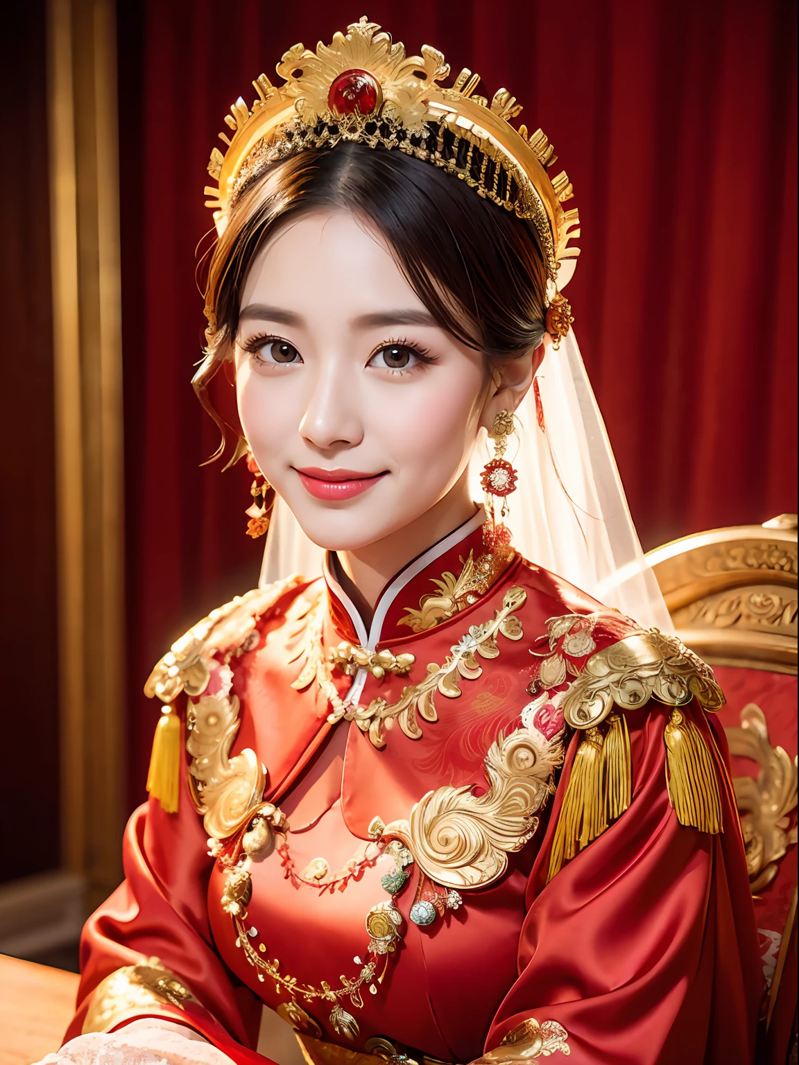 (8k, RAW Photo, Best Quality, Masterpiece: 1.2), (Realistic, Realistic: 1.37), 1 Girl, Woman in Red Dress and Headdress Posing for Photo, Gorgeous Role Play, Beautiful Costume, Chinese Dress, Complex Dress, Complex Costume, Traditional Beauty, Gorgeous Chinese Model, Chinese Costume, Wearing Gorgeous Costume, Wearing Elegant Chinese Xiuhe Dress, Chinese Wedding Dress, Phoenix Crown Xia Hanging, Antique Bride, Xiuhe Costume, Close Up, Wearing Phoenix Crown, Smile, No Watermark, Dragon and phoenix embroidered dress
