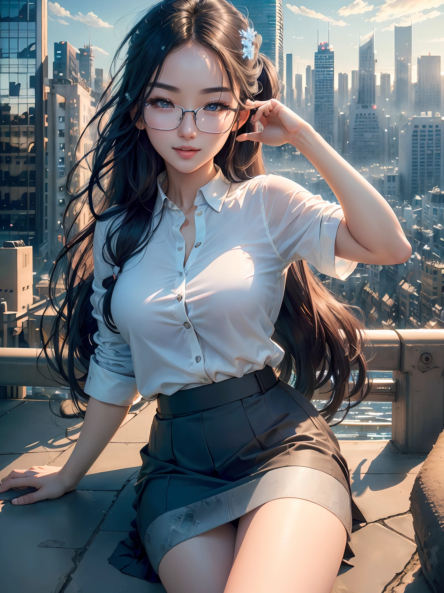official art, masterpiece, sharp focus, (beautiful gorgeous cute Korean woman:1.3), (beautiful cute korean:1.3), korean beauty, Delicate and beautiful hair and eyes and face, realistic, ultra detailed, beautiful girl, blue sky, glow white particle, (sidelighting:1.2), sun light, white cloud, detailed clouds, slender, Lovely medium breast and slim waist, smile with teeth, ((smile with eyes, open both eyes)), scenery, sexy facial expression, building, (cityscape:1.7), dynamic hair, long ponytail hair, detailed black hair, glow blue eyes, detailed sexy low cut school uniform, transparent white shirt with skirt, white long socks, pale skin, hair ornament, epic scenery,sexy pose, glasses , perfect female anatomy
