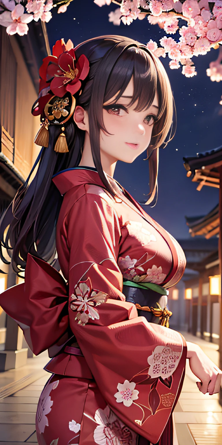 super detailed 8K cg, kimono, perfect face, beautiful face, mature woman, big, outdoor, sakura, temple, viewer, beautiful night view