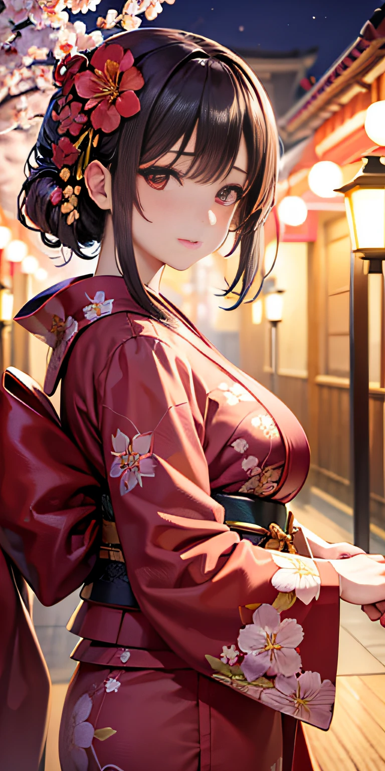 super detailed 8K cg, kimono, perfect face, beautiful face, mature woman, big, outdoor, sakura, temple, viewer, beautiful night view