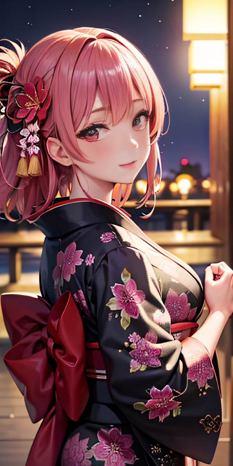 super detailed 8K cg, kimono, perfect face, beautiful face, mature woman, big, outdoor, sakura, temple, viewer, beautiful night view