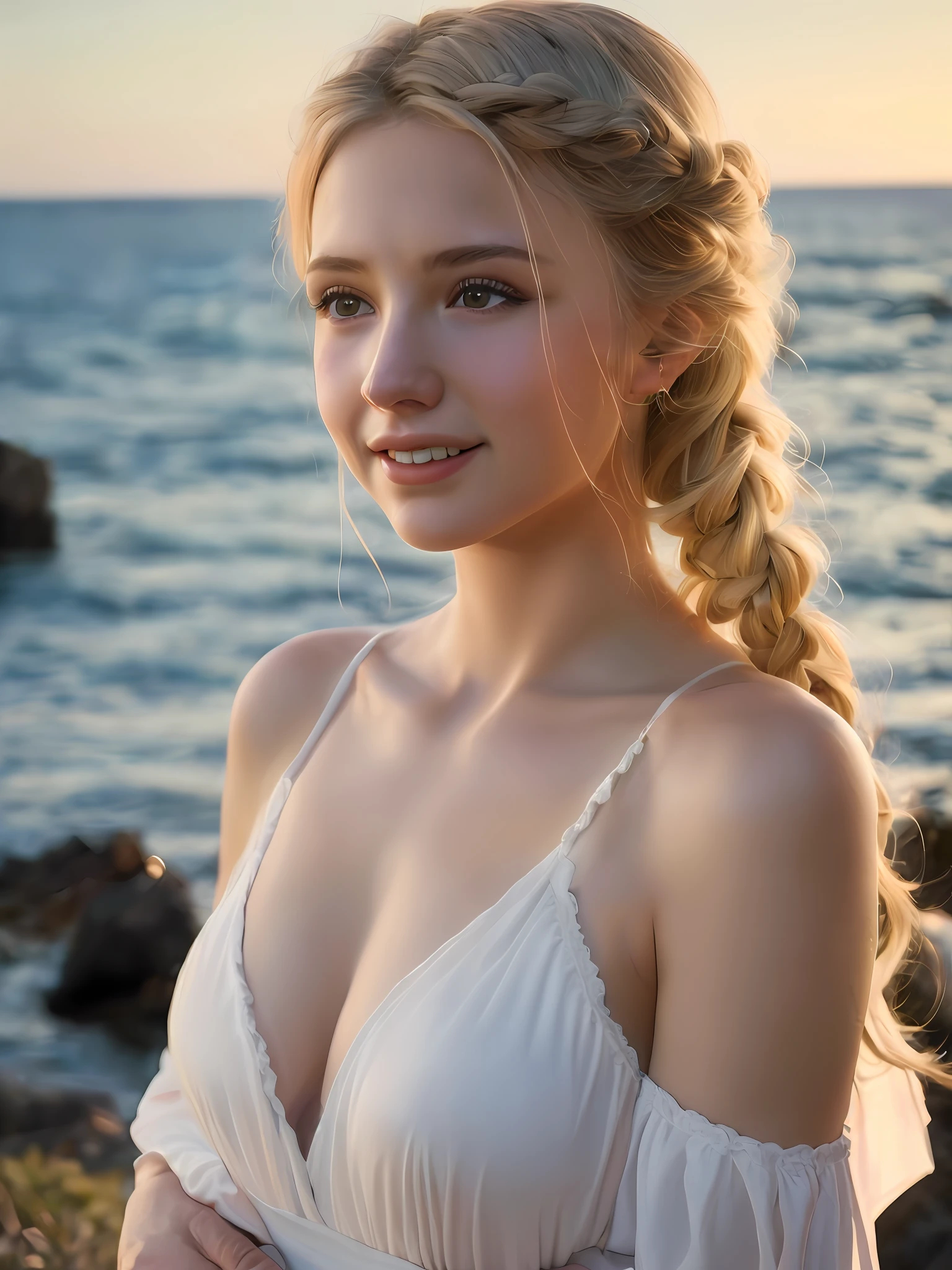 Petite teenage Russian with a cute beautiful perfect face at 18 years old, Big breasts, pretty pose, top quality, masterpiece, upper body, Russian woman, (Adult: 1.6), (Gentle smile: 0.4), Braided blonde hair, Mediterranean coast, floating light particles, center, looking diagonally upwards, profile , wide open white dress, (High definition skin: 1.4), (RAW photo, highest quality), (Realistic, Photorealistic: 1.7), (sexual arousal, blush, rough breathing: 1.0), profile