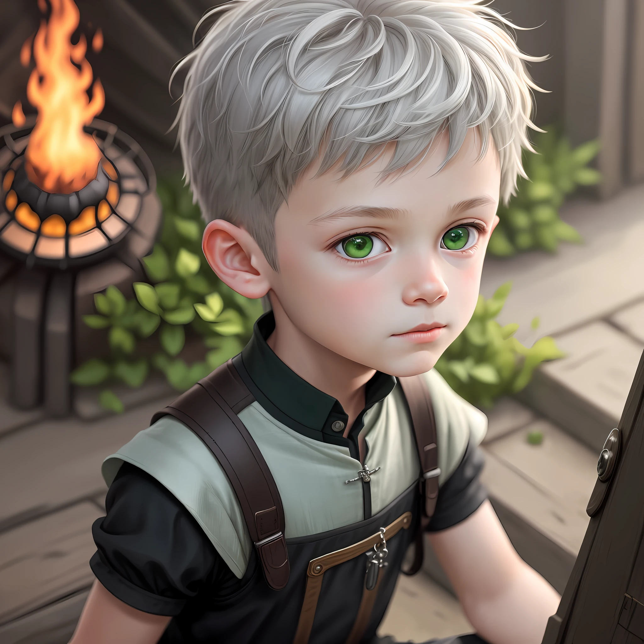 High detail, clarity, 8kk, , 10 years oay hair, short haircut, green eyes, fire everywhere, realism, fantasy,