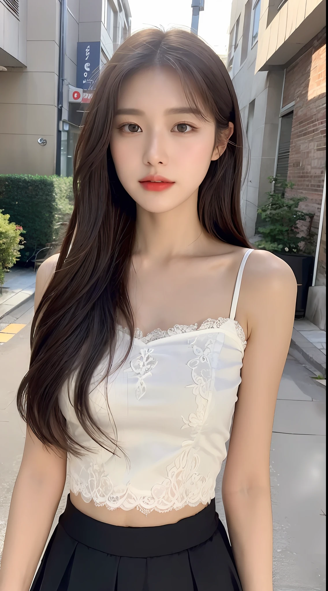 ((Best Quality, 8K, Masterpiece: 1.3)), (Lace Top with Skirt: 1.3), Focus: 1.2, Perfect Body Beauty: 1.4, Buttocks: 1.2, (Layered Haircut: 1.2)), (Dark Street: 1.3), Highly Detailed Face and Skin Texture, Full Body, Fine Eyes, Double Eyelids, Whitened Skin, Long Brown Hair, (Round Face: 1.5), (: 1.6)