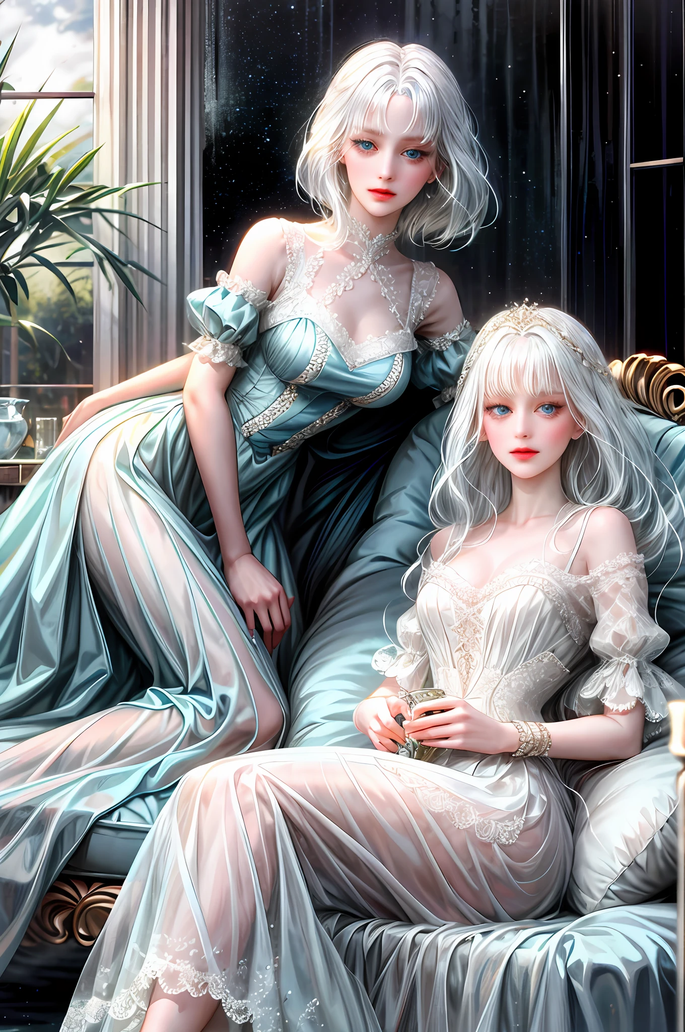 Elegant doll and delicate white hair with fringe and blue eyes lying in a transparent glass jar