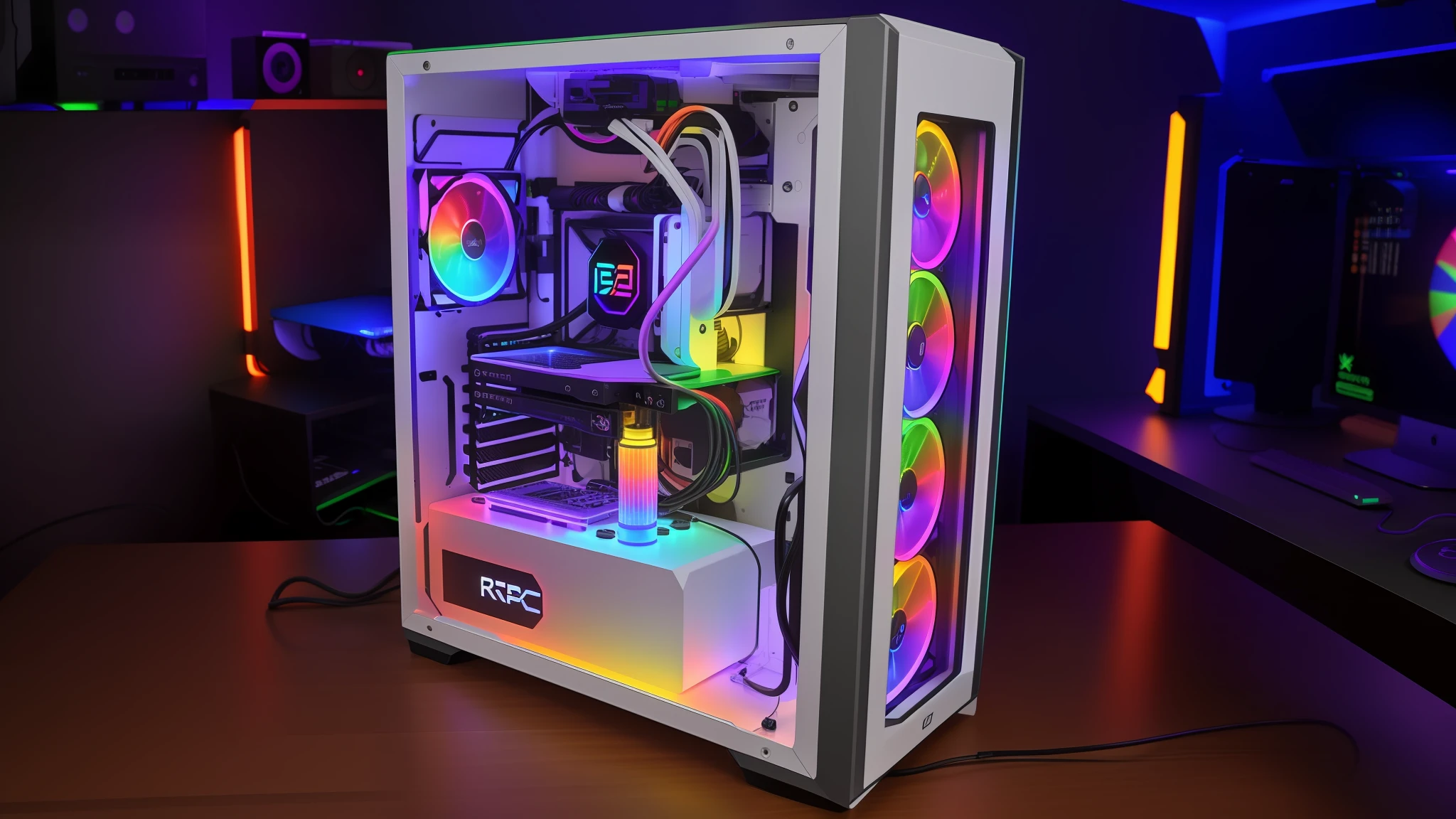 a close up of a computer case with a colorful light on it, gaming pc case, rgb ethereal lighting, rgb lighting, custom computer, gaming pc, satisfying cable management, watercooling, beautiful rtx reflections, gaming computers, rgb, liquid cooled desktop, pc gaming, rgb led lights, rgb lights, led gaming, rainbow caustic lighting