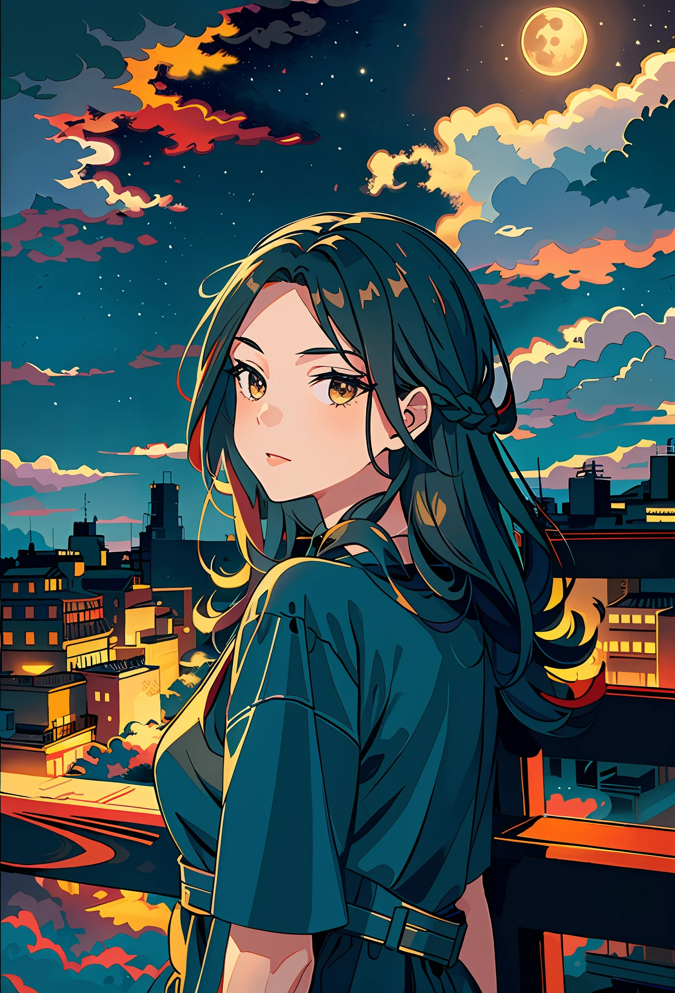 masterpiece, best quality, night, hill, clouds, full moon, long hair, woman, silhouette, fireflies.