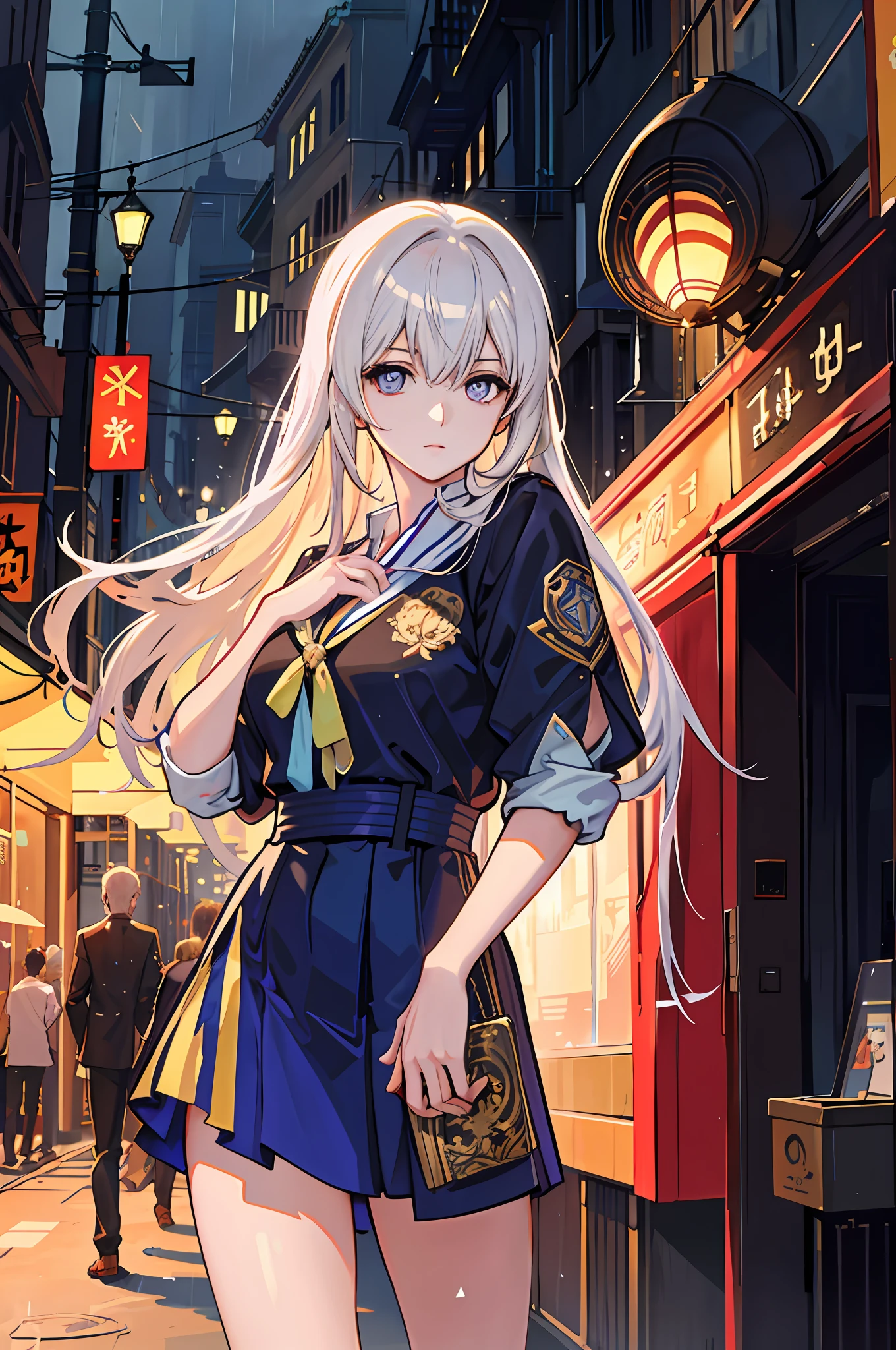 raining night,city,A beautiful woman in wearing school uniform on the bustling streets of Gintama, surrounded by vendors, beautiful portrait of a stunning goddess girl, beautiful detailed face, princess eyes,round pupil,shiny pupils,porcelain skin, half body shot, centered, ultra soft lighting, symmetry, intricate, elegant, highly detailed, photorealistic, artstation, concept art, smooth, as imagined by greg rutkowski and borris vallejo, cover, vogue style