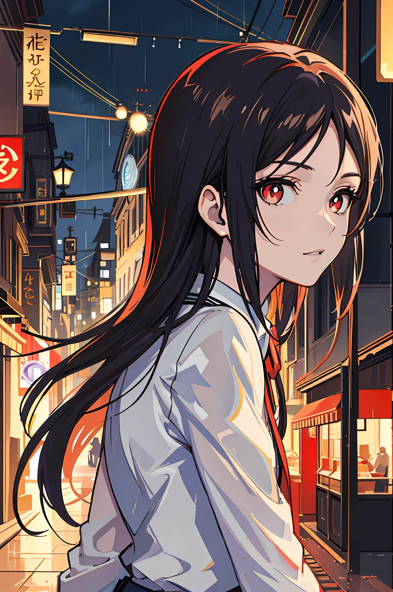 raining night,city,A beautiful woman in wearing school uniform on the bustling streets of Gintama, surrounded by vendors, beautiful portrait of a stunning goddess girl, beautiful detailed face, princess eyes,round pupil,shiny pupils,porcelain skin, half body shot, centered, ultra soft lighting, symmetry, intricate, elegant, highly detailed, photorealistic, artstation, concept art, smooth, as imagined by greg rutkowski and borris vallejo, cover, vogue style