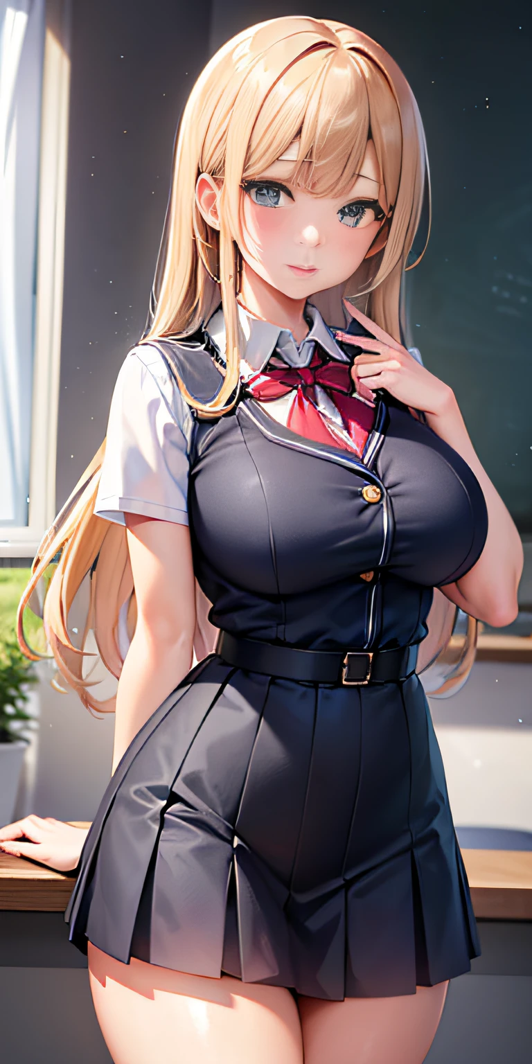 super detailed 8K CG, high school girl, school uniform, perfect face, beautiful face, perfect cute face, beautiful girl, big, classroom, viewer, beautiful night view, beautiful thighs