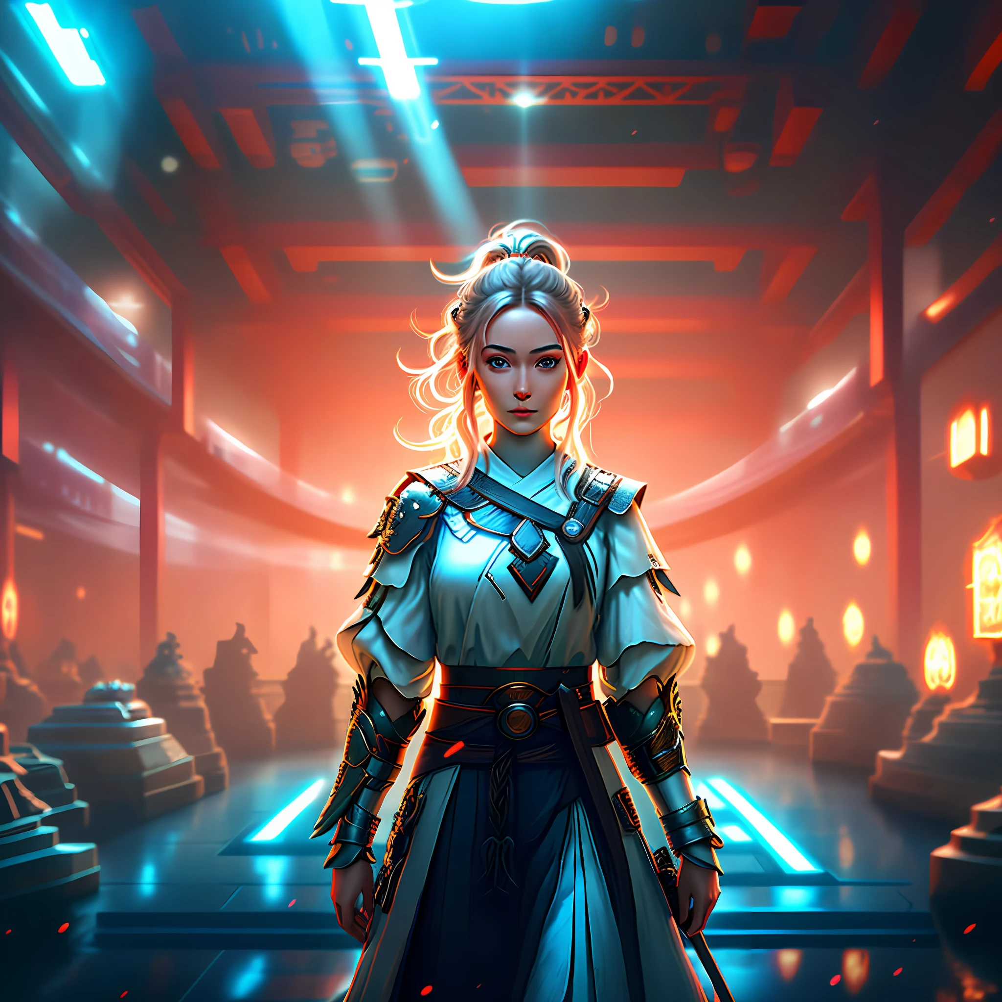 professional photo of young ginger woman wondering in museum hair bobbles, wince, long eyelashes, solid circle eyes, light smile, ear blush, split ponytail, aqua eyes, makeup, light smile, Surrealism, drop shadow, anaglyph, stereogram, tachi-e, pov, atmospheric perspective, cinematic lighting, glowing light, god rays, ray tracing, reflection light, backlighting, blending, bloom, chromatic aberration abuse, dithering, drop shadow, film grain, Fujicolor, image fill, high detail, Ultra-Wide Angle, f/4.0, 35mm, Hasselblad, atmospheric perspective, 8k, super detail, ccurate, best quality, UHD, retina, masterpiece, ccurate, textured skin, super detail, high details, high quality, award winning, best quality, 16k, super detail, anatomically correct